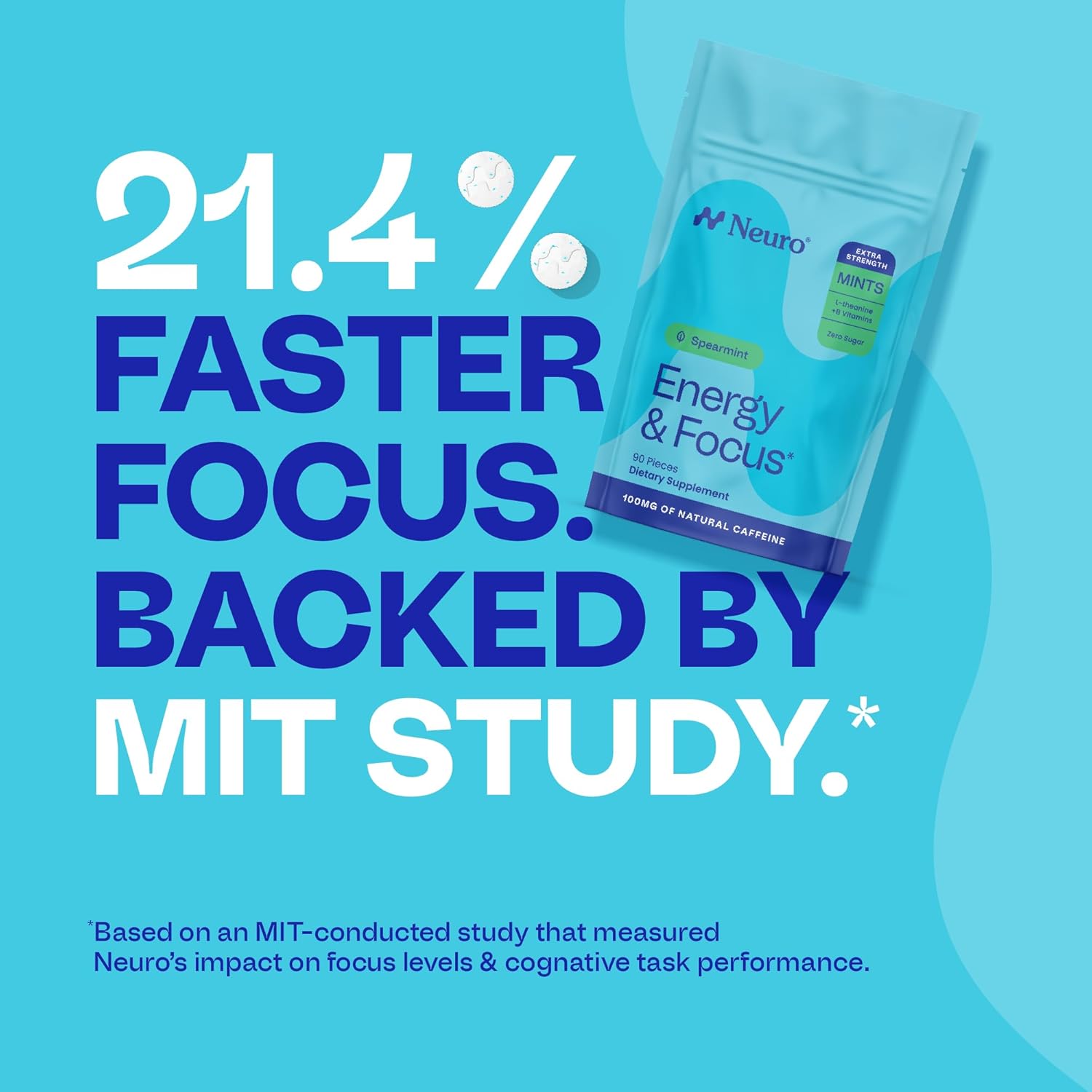 Neuro Energy & Focus Mints, Extra Strength - Sugar Free Breath Mints with 100mg Natural Caffeine, B Vitamins & L-Theanine - Vegan Brain Supplement for Exercise, Study & Daily Focus - Spearmint, 90 ct