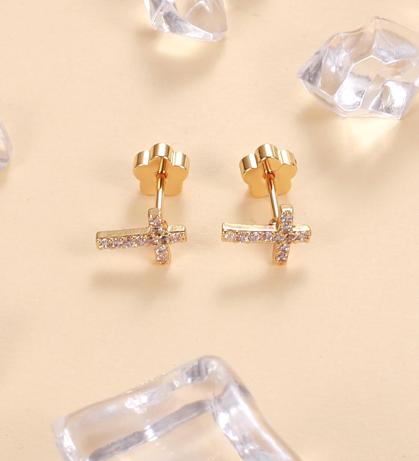 14K Gold Plated Small Stud Earrings for Girls Women Hypoallergenic Surgical Steel Cartilage Flat Back Stud Earrings CZ Cross Dot Bar Heart Handmade Screw Back Earrings Studs - Image 4