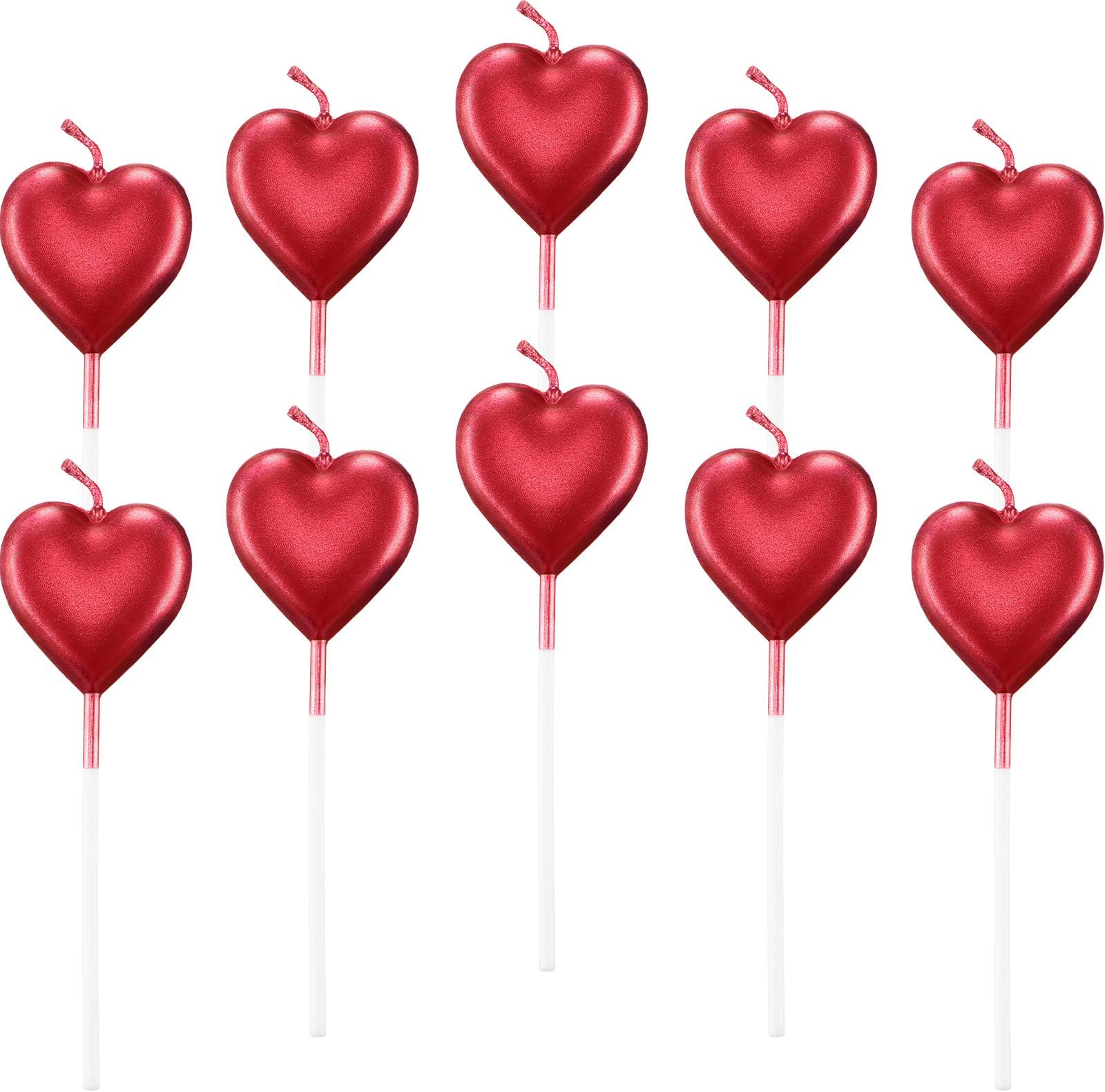 BBTO Metallic Heart Birthday Cake Candles Cupcake Topper Candles Cake Dessert Holders for Wedding, Anniversary, Romantic Night, Mother's Day, Party Decoration(10,Red)