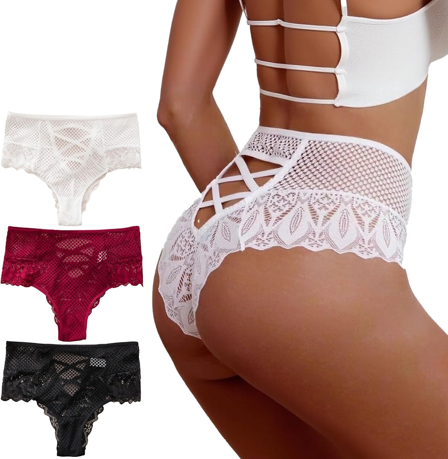 Meshal Lace Thongs Underwear for Women Sexy Breathable Plus Size Double Belt Cheeky Panties 4Pack
