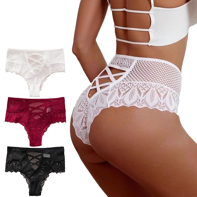 Meshal Lace Thongs Underwear for Women Sexy Breathable Plus Size Double Belt Cheeky Panties 4Pack