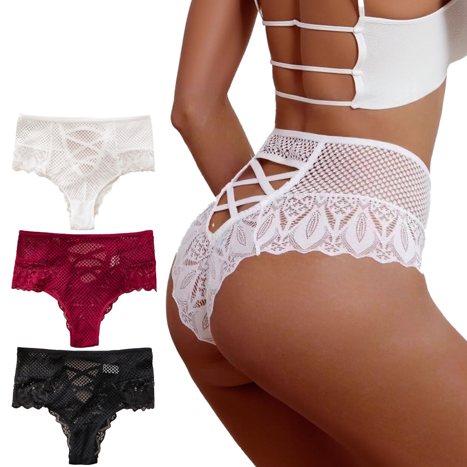 Meshal Lace Thongs Underwear for Women Sexy Breathable Plus Size Double Belt Cheeky Panties 4Pack