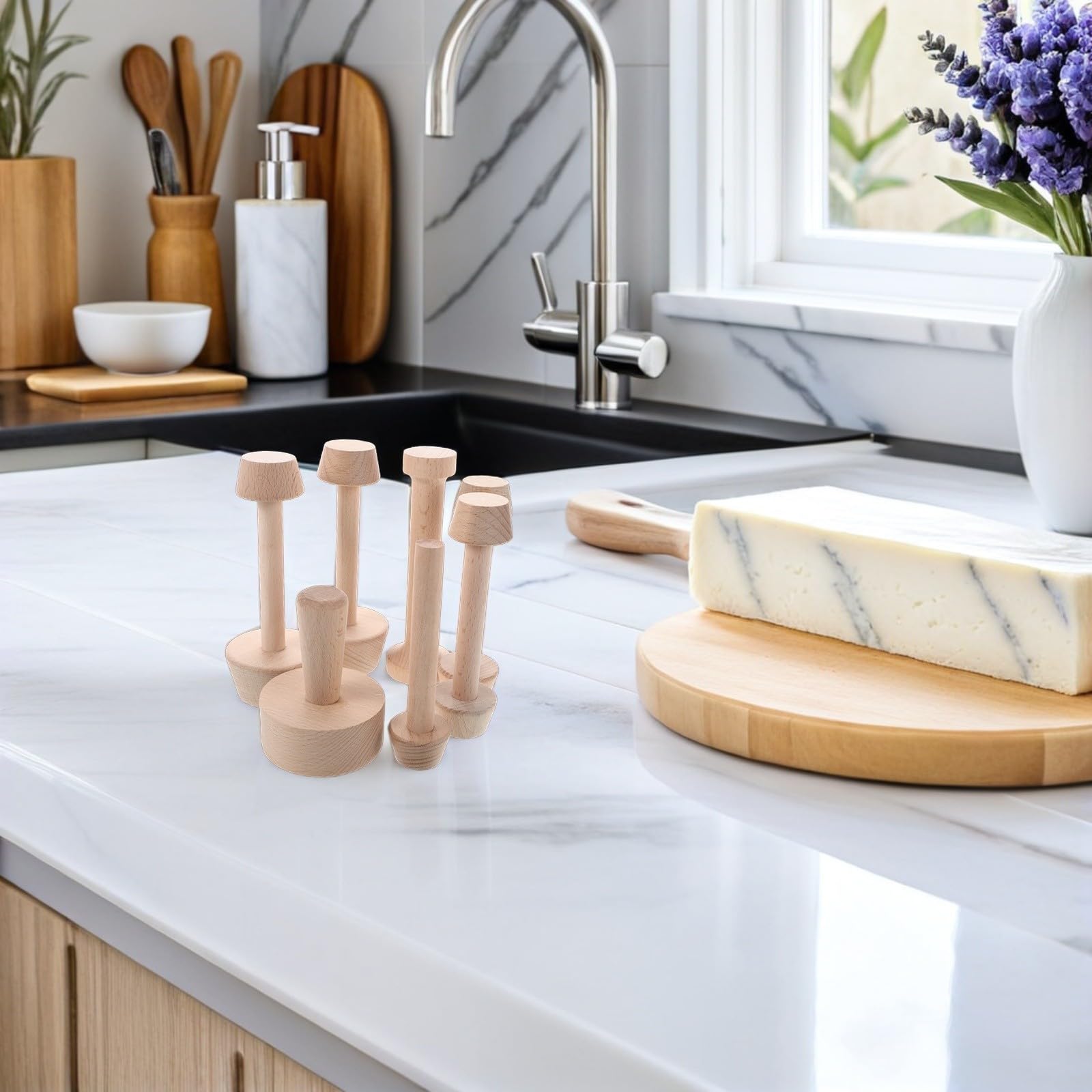 7piezas Moldes de Madera para Tartas con Base Desmontable Doble Cara Tamper para Masa de Pastelería Utensilios para Repostería y Horno Accesorios para Bollería y Postres Caseros
