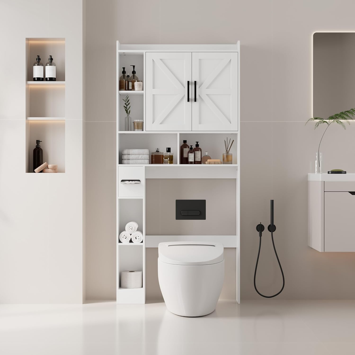 Over The Toilet Storage Cabinet, Tall Bathroom Cabinet Organizer with Adjustable Shelves and Toilet Paper Holder, 32" W Farmhouse Storage Cabinet with 2 Barn Doors for Laundry, Restroom, White