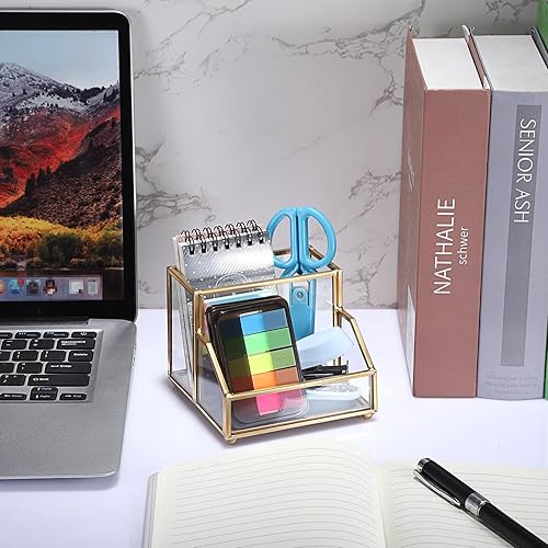 Miniatura 6 de Hipiwe Soporte de cristal para tarjetas de visita con organizador de bolígrafoslápices, soporte dorado para tarjetas de presentación para encimera