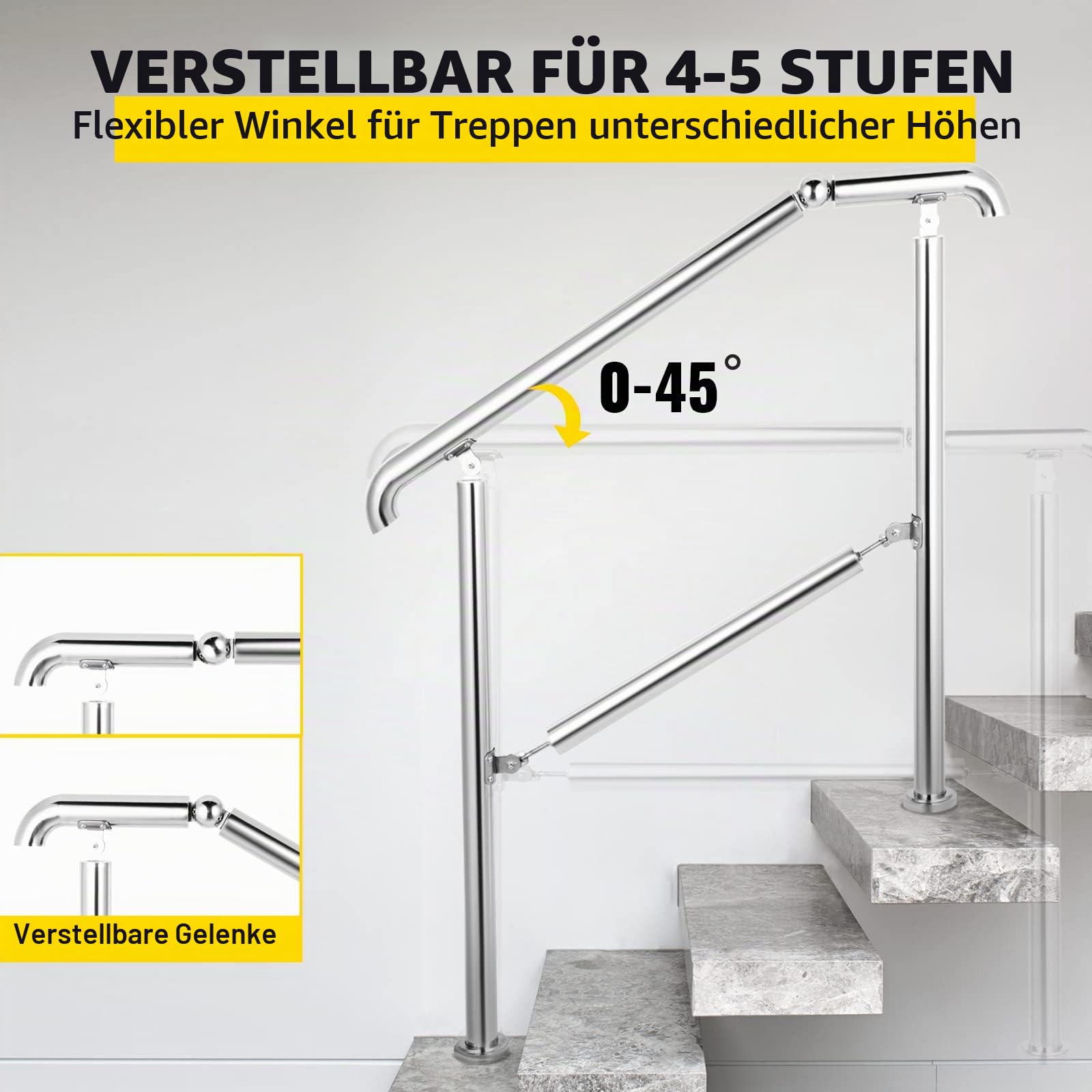 Happybuy Treppengeländer 5 Stufen, Handlauf Edelstahl mit Pfosten, Verstellbare Eingangsgeländer Silber 1,6 m