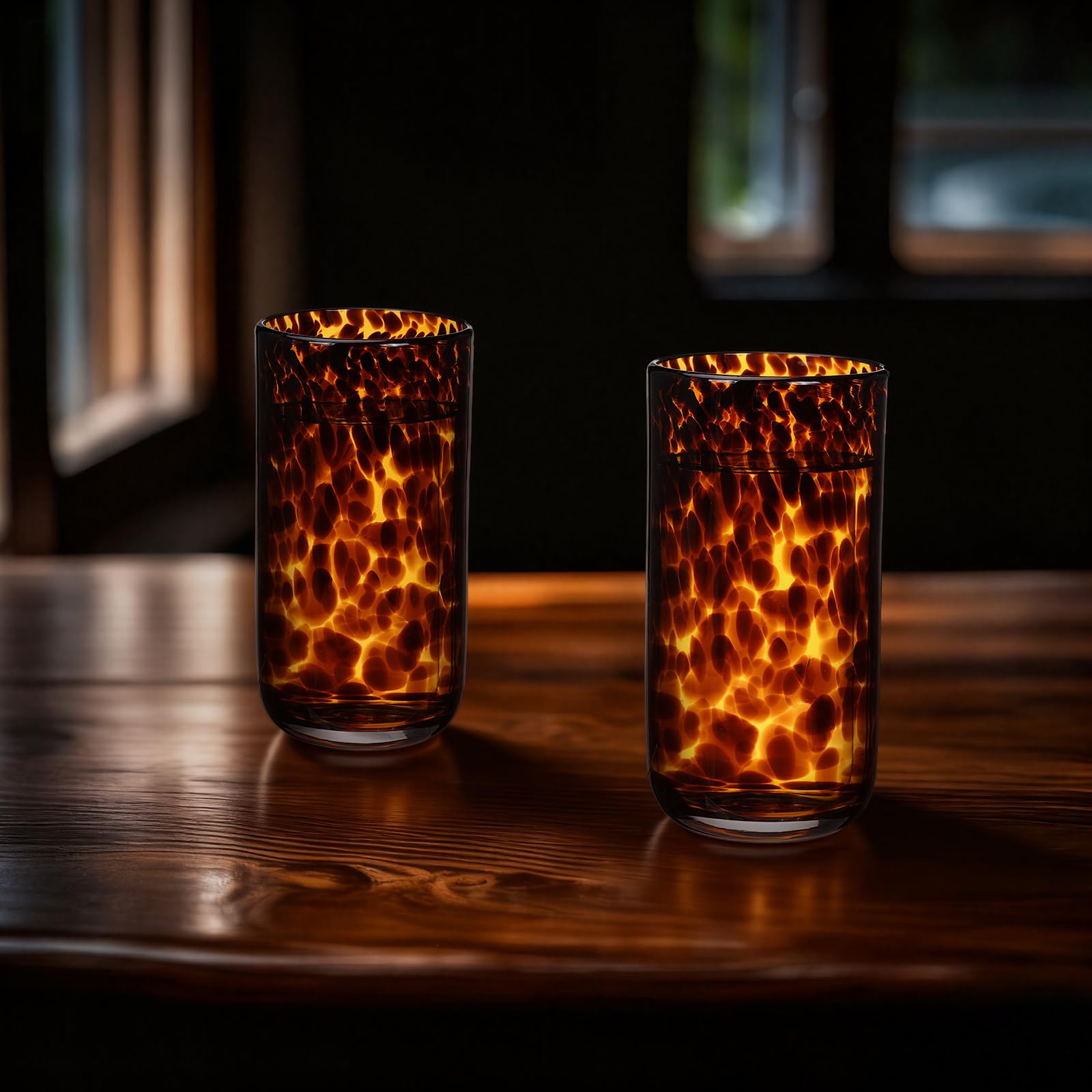 Honeydak Set mit 4 braunen Gläsern mit Schildkröten-Leopardenmuster, 473 ml, stilvolle Cocktailbecher ohne Stiel, Glaswaren, ideal für Gin, Tequila, Wodka, Softdrinks