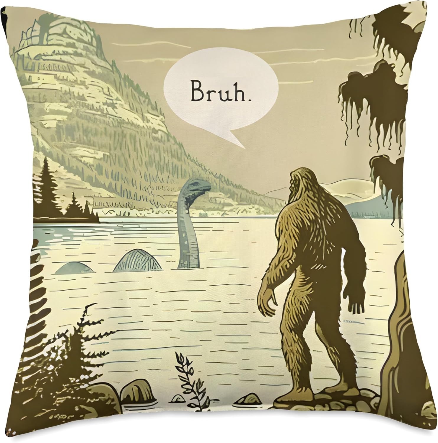 Funny Sasquatch Loch Ness Monster Funny Bigfoot Bruh Throw Pillow