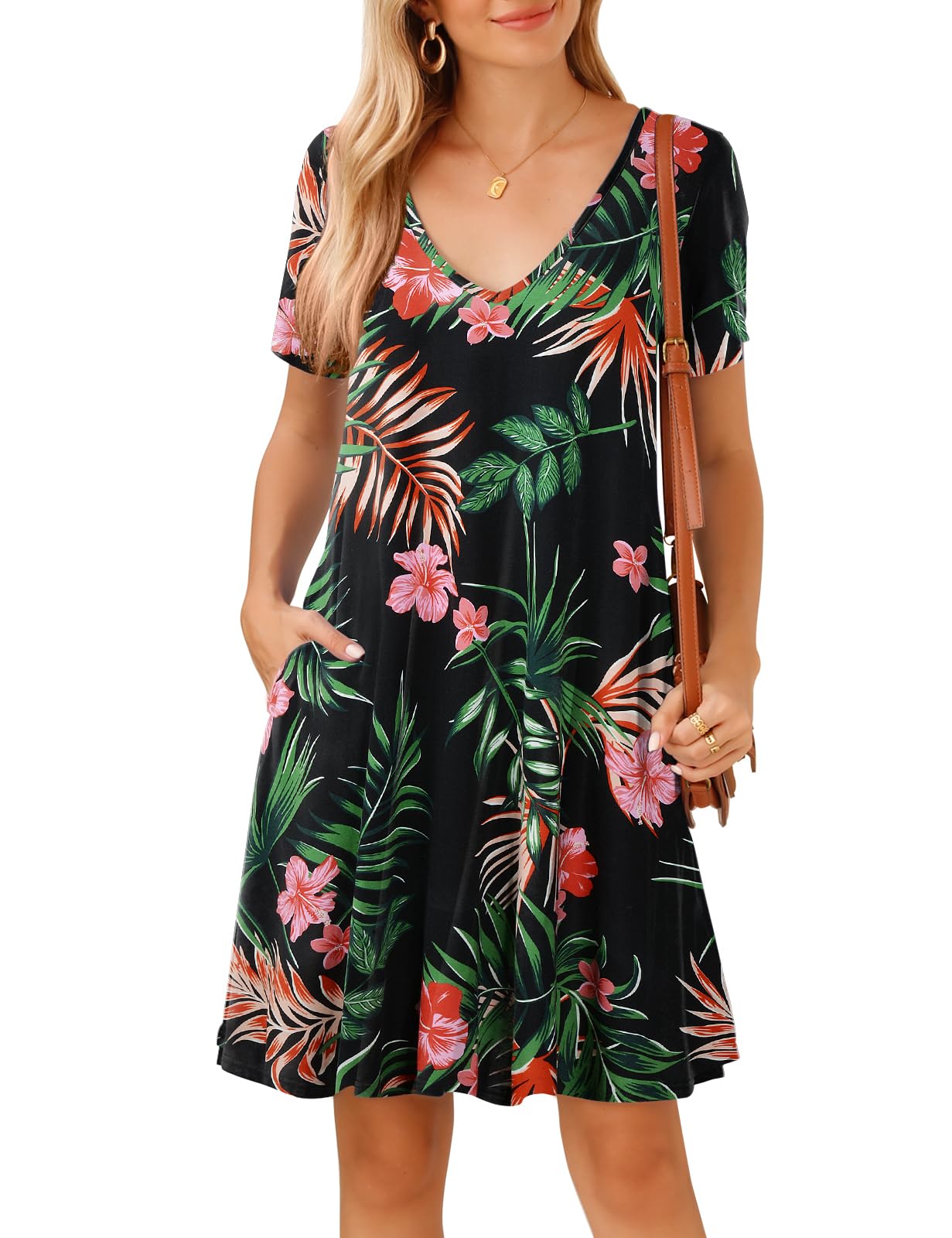 JollieLovin Women T Shirt Plus Size Summer Swing Dresses Short Sleeve V Neck Loose Casual Dress(L-5X)