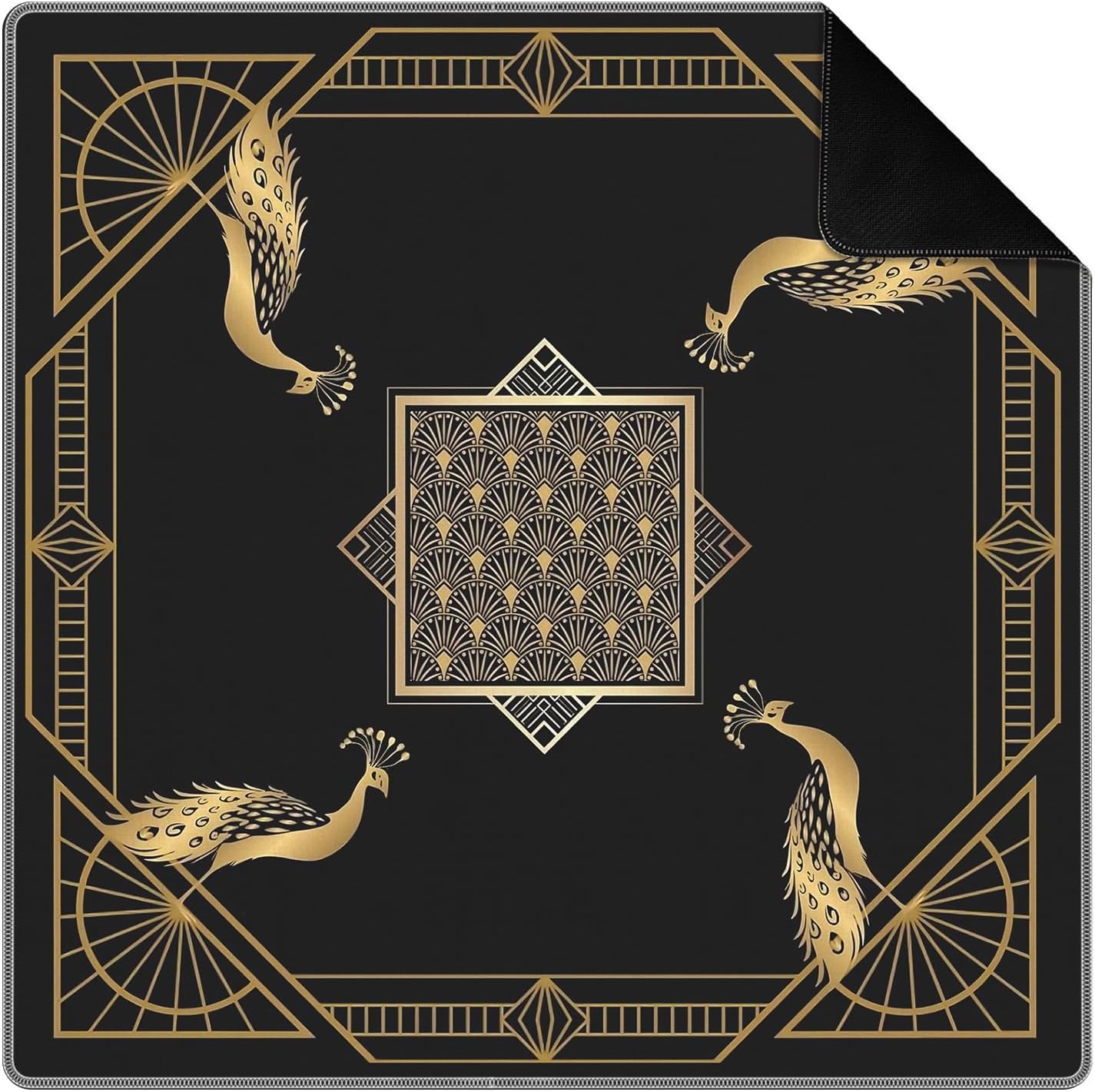 Art Deco Gold Peacock Mahjong Mat, XXX Vintage Black and Gold Non-Slip Noise Reduction Gaming Mat 31.5 x 31.5 Inch for Table American Mahjong Poker Board Games Card Games Dominoes
