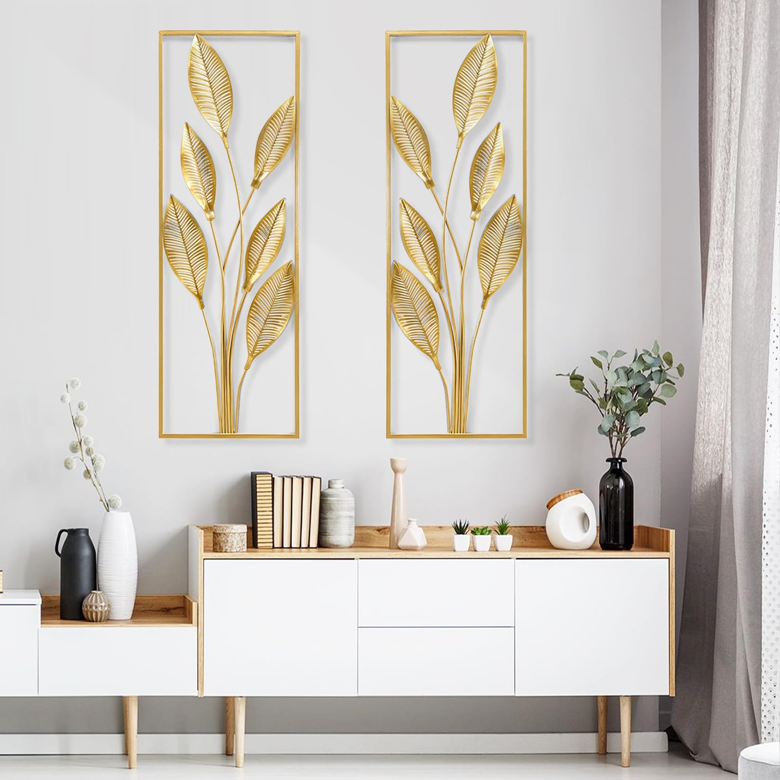 DecoracióN De Pared De Metal, 2 Piezas De DecoracióN De Pared Para Sala De Estar Hechas A Mano PéTalos De Pera Dorados Arte De Pared Moderno Para Sala De Estar Y Dormitorio (Montaje Sin Clavos)