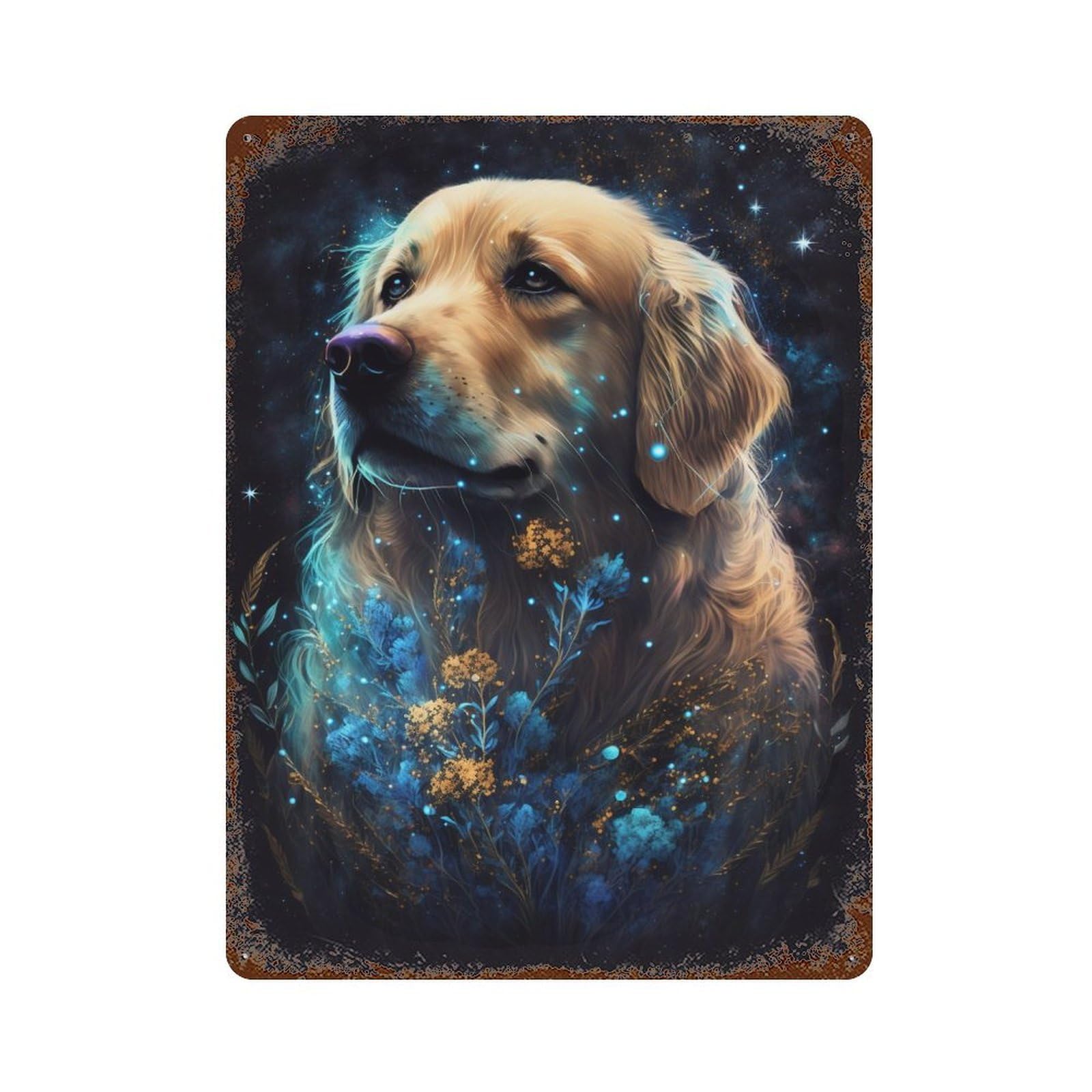 Rusty Metal Tin Sign with Golden Retriever with Flowers Design 15.7"x11.8", for Shed, Workshop And Garage Wall Decor, Classic Wall Plaque