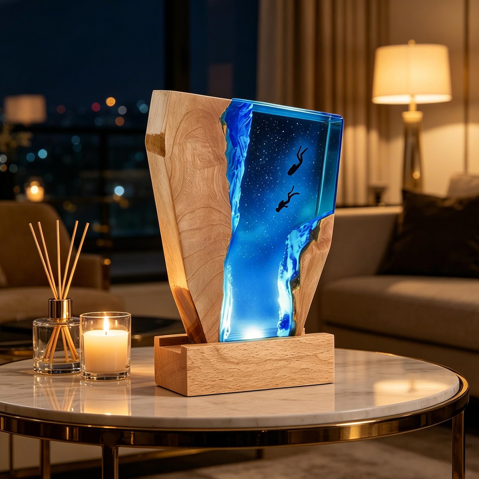 Luce Notte Resina, Luce Lampada Notturna 3D Oceano in Resina, Lampada Oceanica LED Subacqueo Base in Legno, Epossidica Paesaggio Sottomarino, Decorazion per Cameretta Soggiorno Ufficio