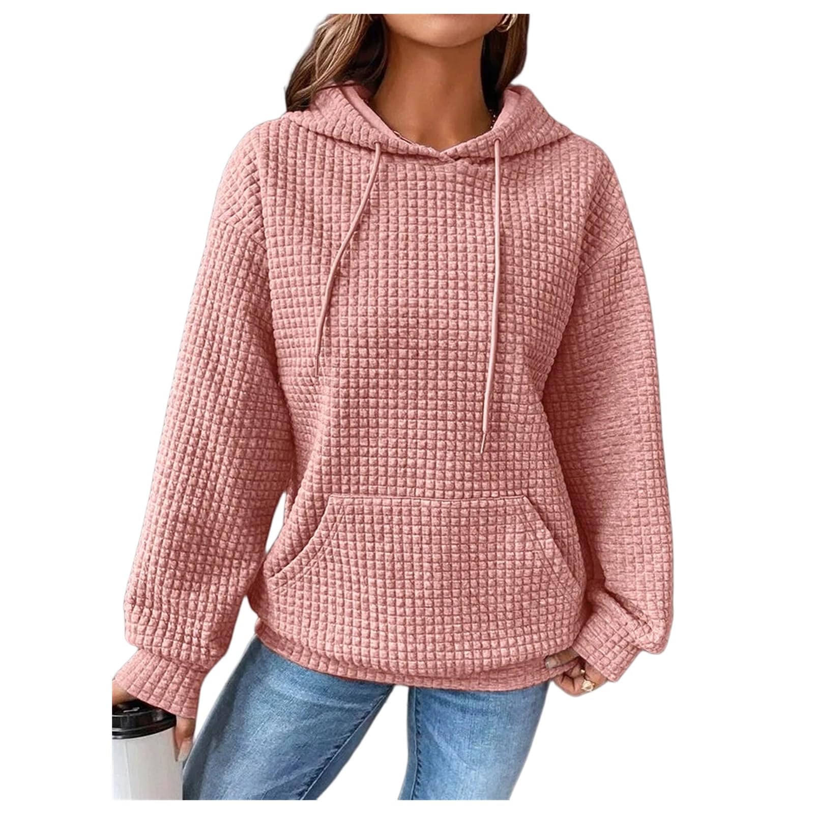 WankangWaffle Hoodie for Women 2023 Fall Solid Simple Casual Drawstring Hooded Sweatshirts Basic Pullover Tops with Pockets