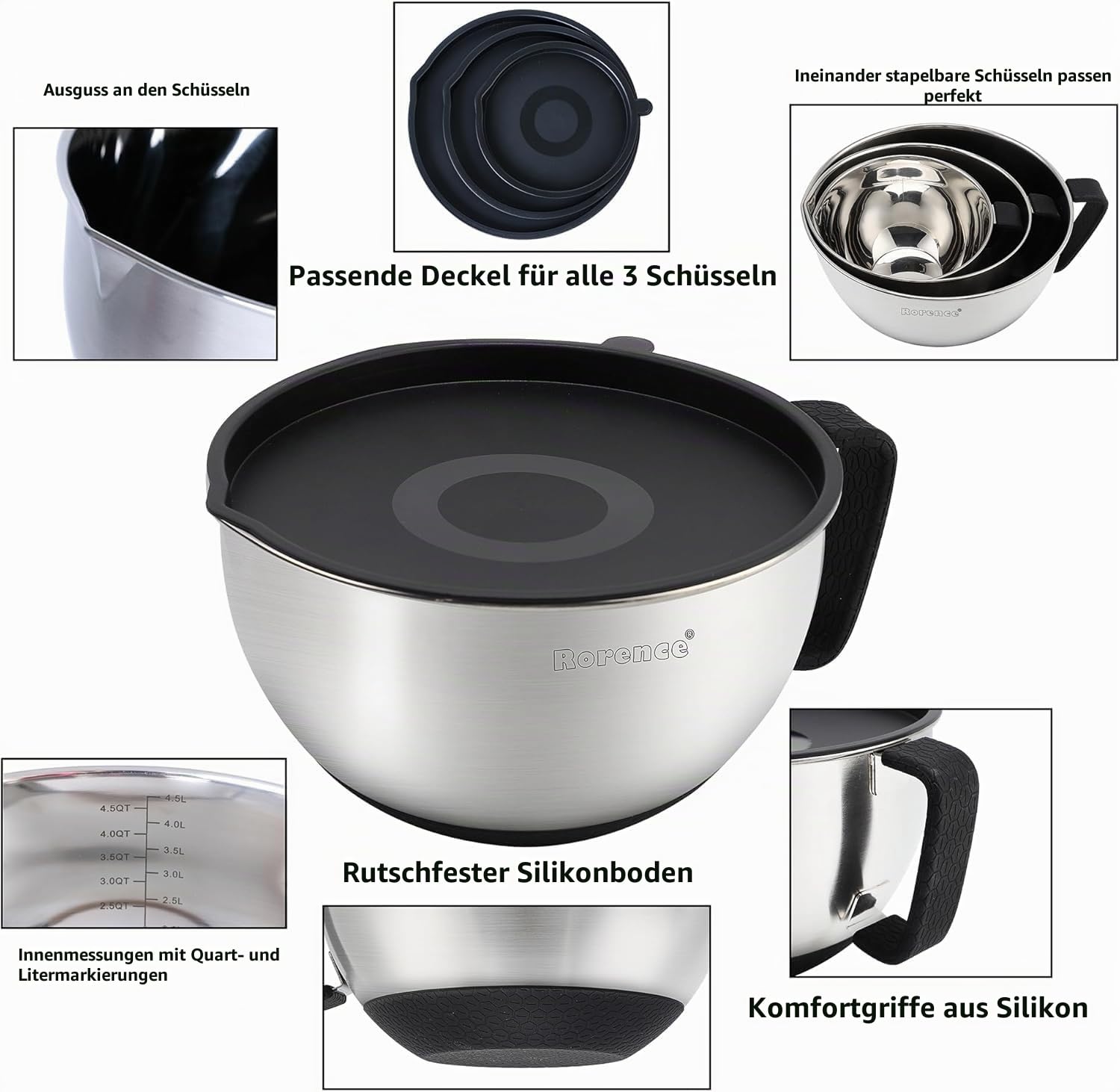 Rorence Rührschüssel Set Edelstahl mit Deckel, 3er Set Mixing Bowls mit Ausgießer & Anti-Rutsch-Boden, Küchenschüssel aus Edelstahl 18/8, 1,4L 2,8L 4,7L, Spülmaschinenfest, Schwarz
