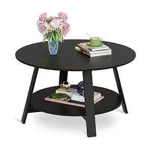 WLIVE Round Coffee Table 2-Tier Wood Coffee Table with Storage Shelf Tapered Legs Circle Wood Small Center Table