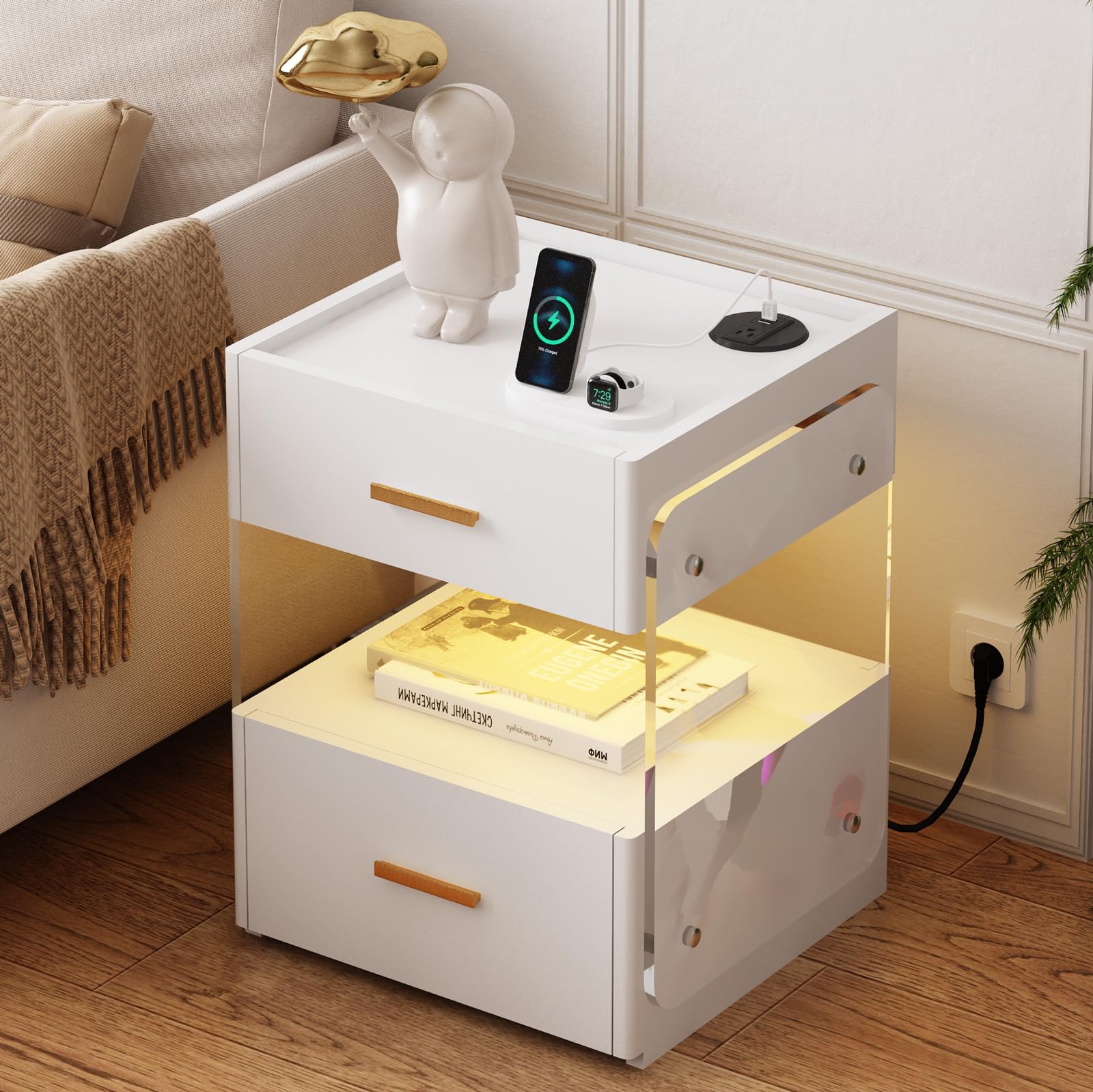 LAPTAIN Night Stand with 2 Drawers, White Nightstand with Charging Station and LED Lights, Bedside End Table for Small Space, Solid Wood Painted