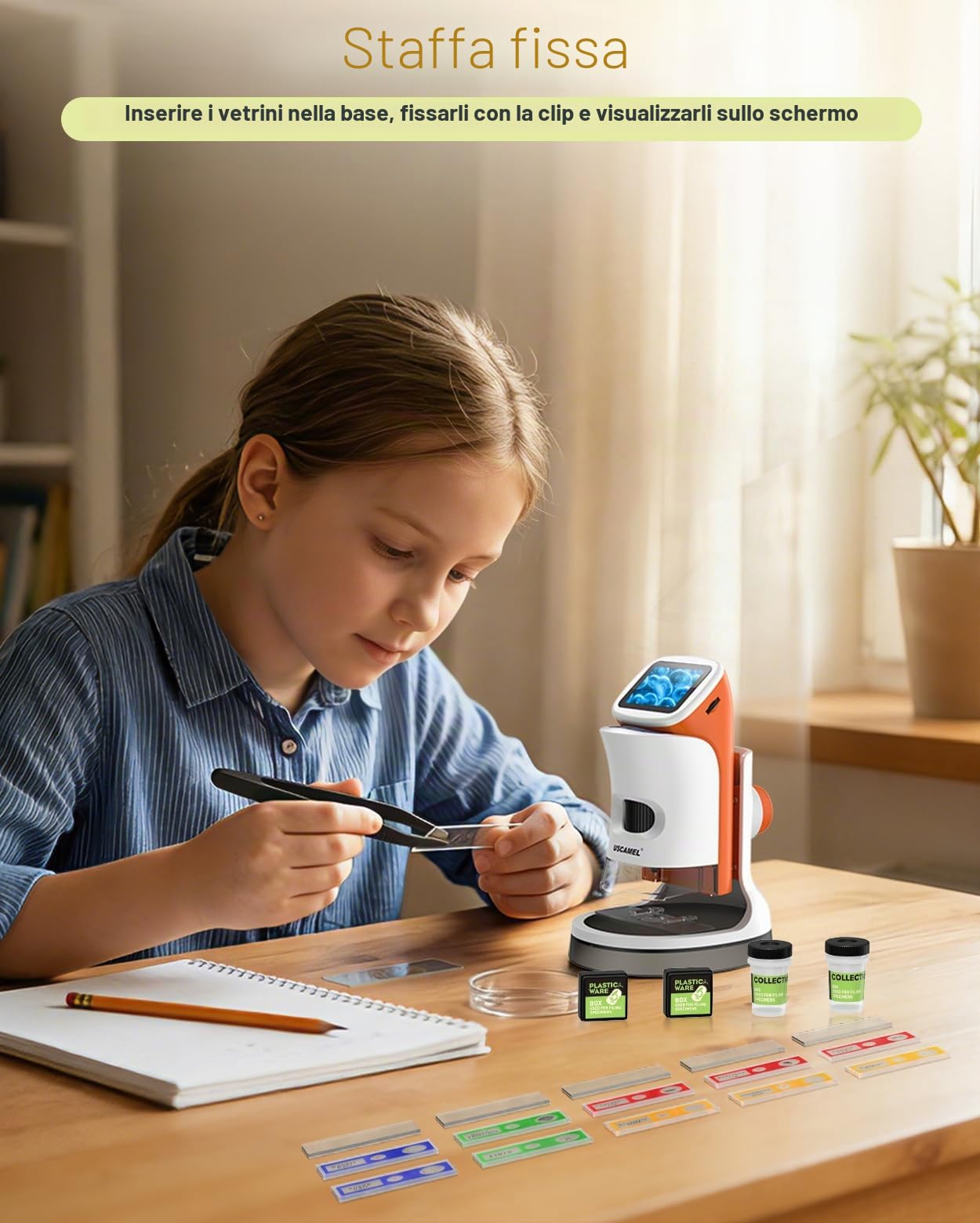 Microscopio per Bambini con Piedi: Microscopi Digitali Mano 100-1000x: Schermo LCD 4K 2,0 Pollici USB Portatile Microscopio tascabile, con Kit Scientifici, 15 Diapositive, Scheda di Memoria 32G
