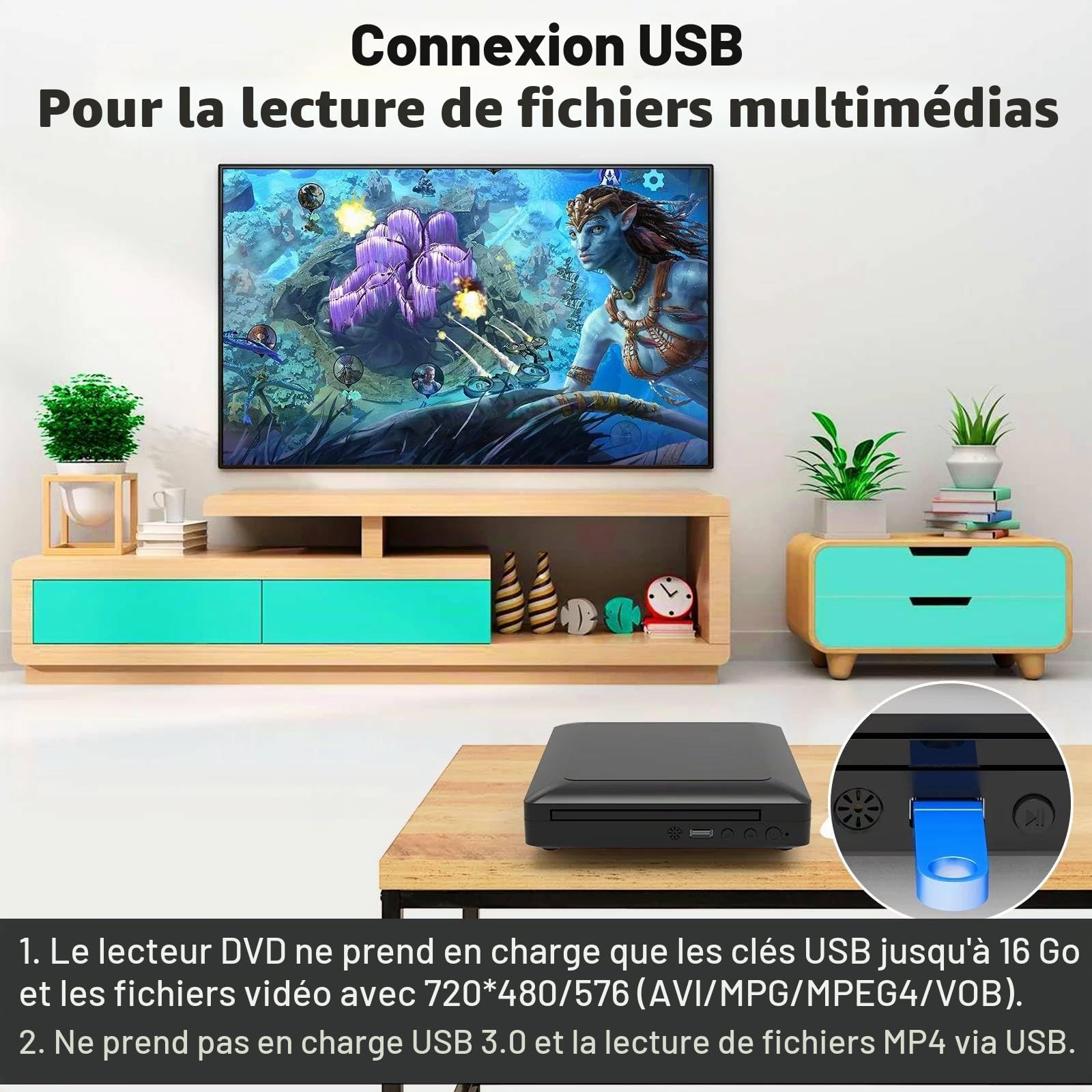 Mini lecteur DVD portable pour téléviseur avec câble HDMI/RCA, lecteur CD HD 1080p pour TV, toutes les régions, mémoire Breakpoint, Pal/Ntsc intégré, USB 2.0