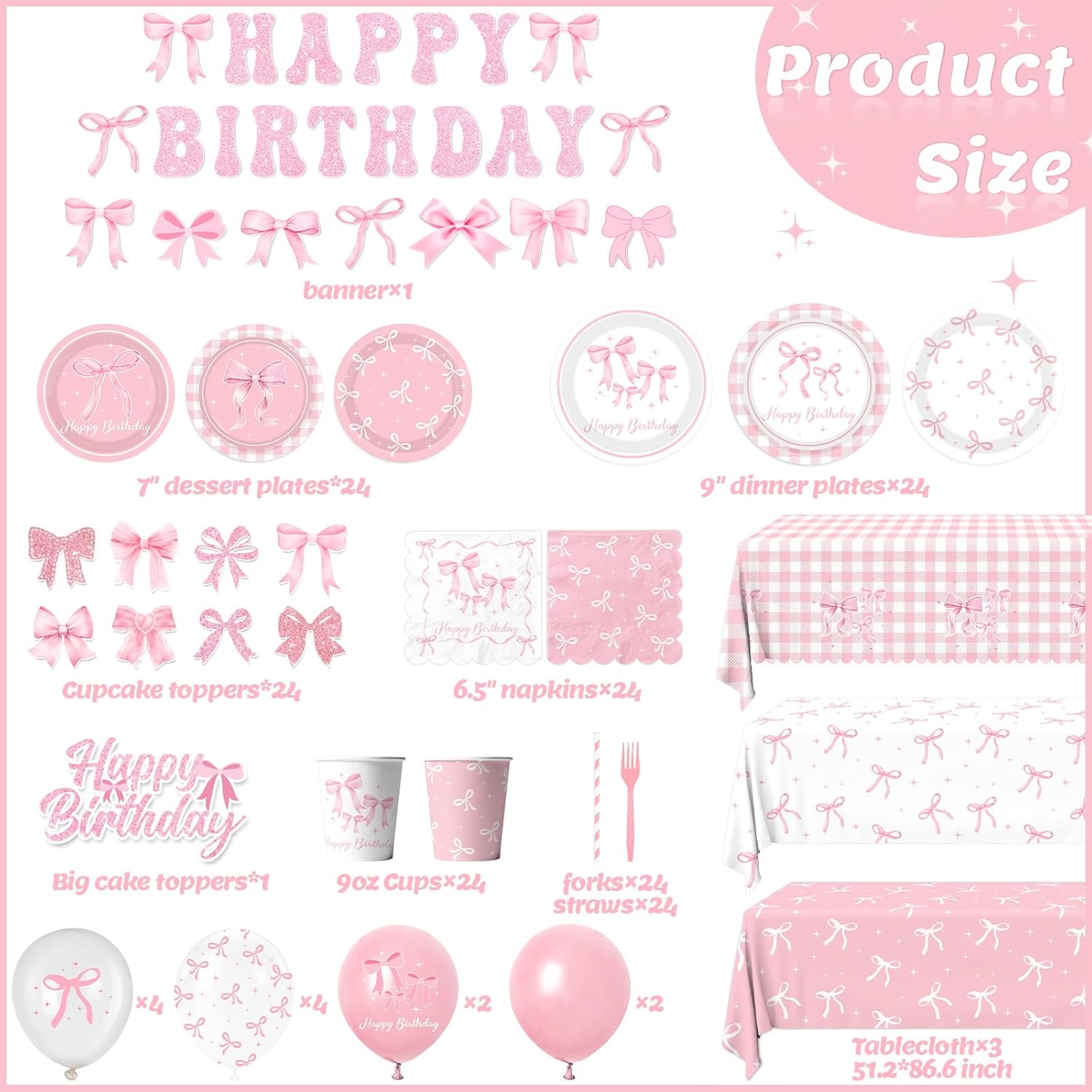 Pink Bow Birthday Decorations Serve 24, Coquette Birthday Decorations Tableware Sets Include Plates Napkins Cups Banner Balloons Tablecloth Cake Topper for Girls Party Supplies