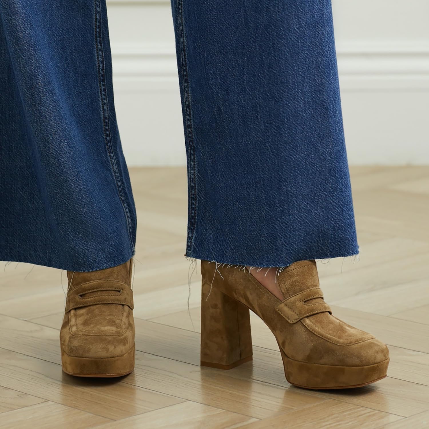 Women Chunky High Heel Platform Loafers Closed Square Toe Heels Suede 4" Block Heel Penny Loafers Pumps Platform Slip On Dress Heels 4-11 M US - Image 2