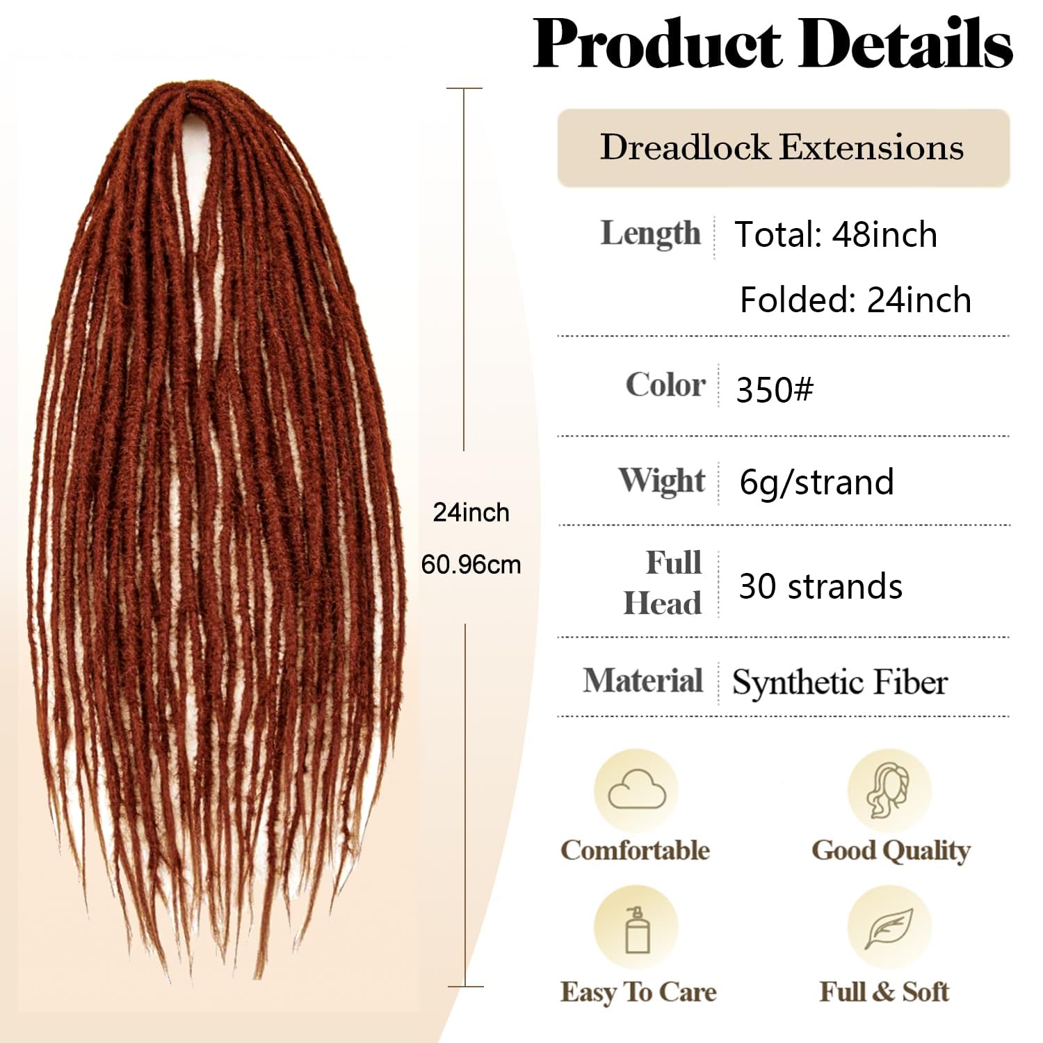 PORSMEER 10 Strands/Pack Copper Red Synthetic Dreadlocks Extensions,Handmade Hippie Dreadlock 0.6 Width Soft Dreads Hair Reggae Style Locs Crochet Braiding Hair for Women or Mens,18 inch - Image 2