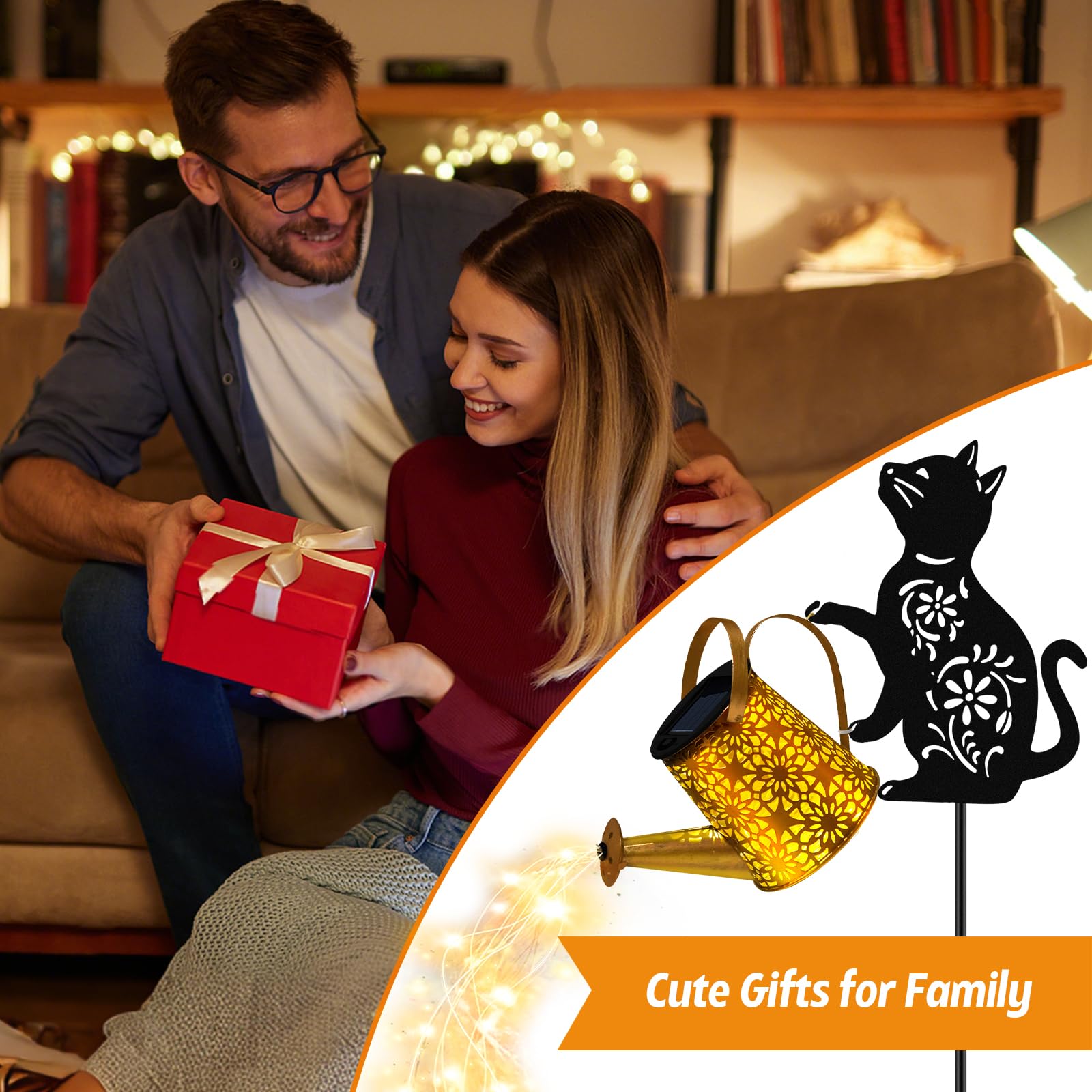 Luces solares para regadera, linterna colgante de gato, luces solares al aire libre, regalos para amantes de los gatos, regalos para mamá, mujeres, cumpleaños, día de la madre, Navidad, decoración de