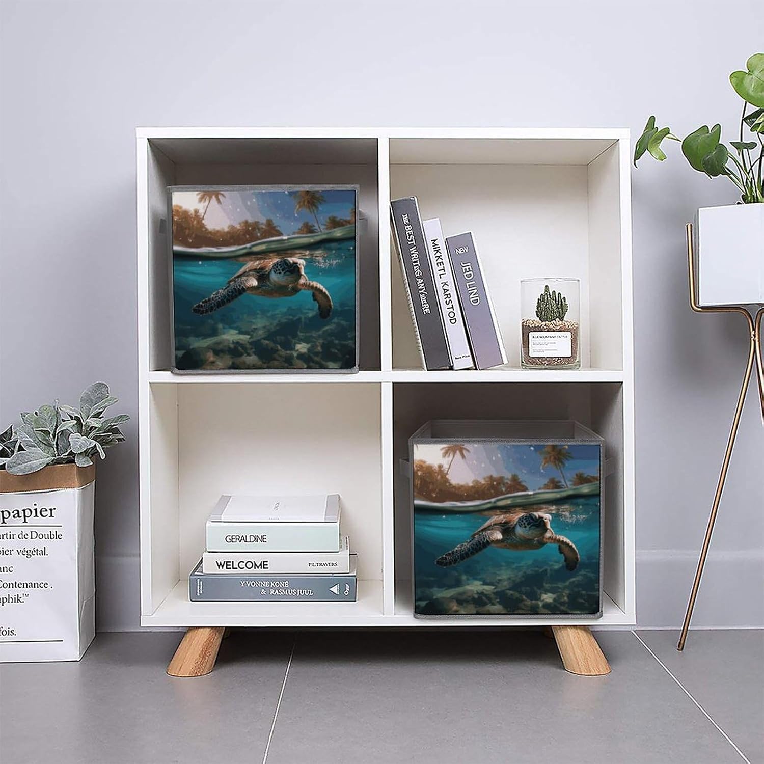 Palm Trees And Sea Turtles Diving Underwater Storage Cubes Set of 6 Storage Bins with Handles Collapsible Storage Basket Fabric Storage Box for Shelves Large Closet Shelf Organizer for Organization 11