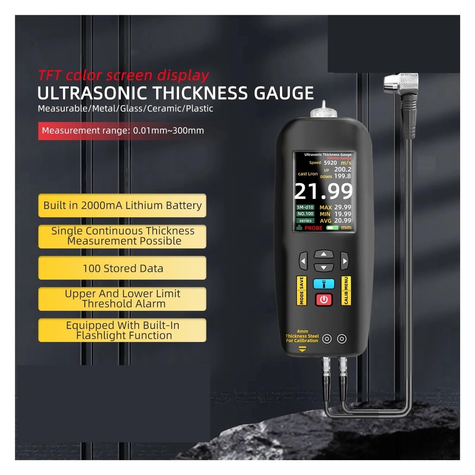 Farbdickenmessgerät, T7 Digitales Ultraschall-Dickenmessrät, 0,01–300 mm, for Metall, Stahl, Rohre, Wände, und, wiederaufladbar Tragbarer Farbtiefenmesser