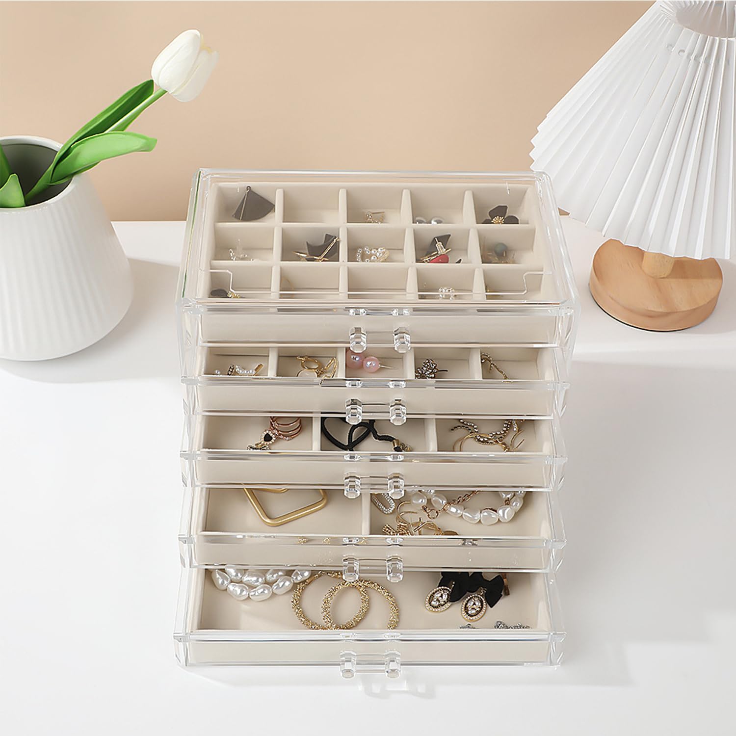 Caja organizadora de joyas de acrílico con bandejas de terciopelo, almacenamiento transparente para pendientes y anillos