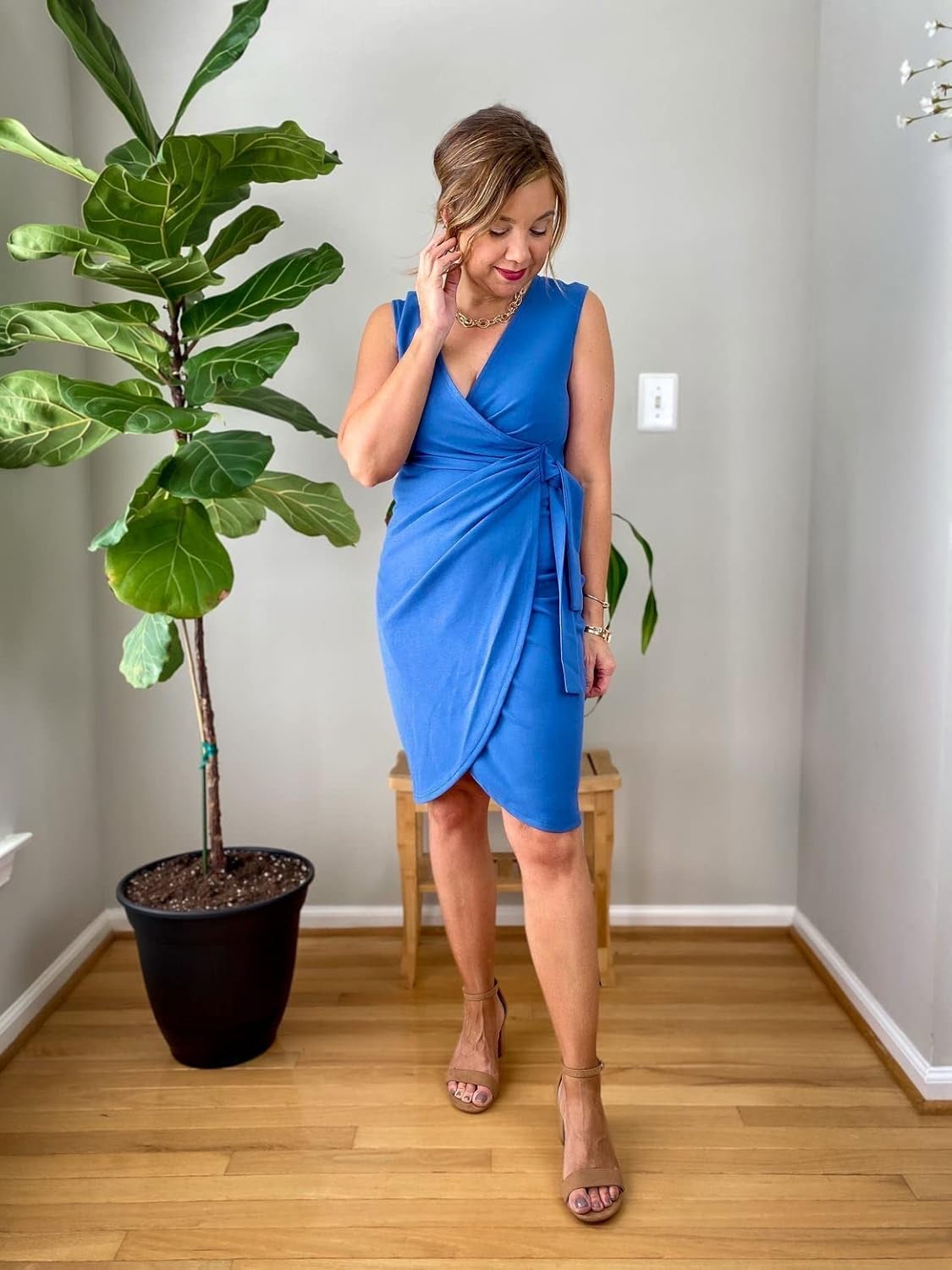 oten Womens Sleeveless Deep V Neck Sheath Knee Length Cocktail Party Work Faux Wrap Formal Dress Royal Blue Small