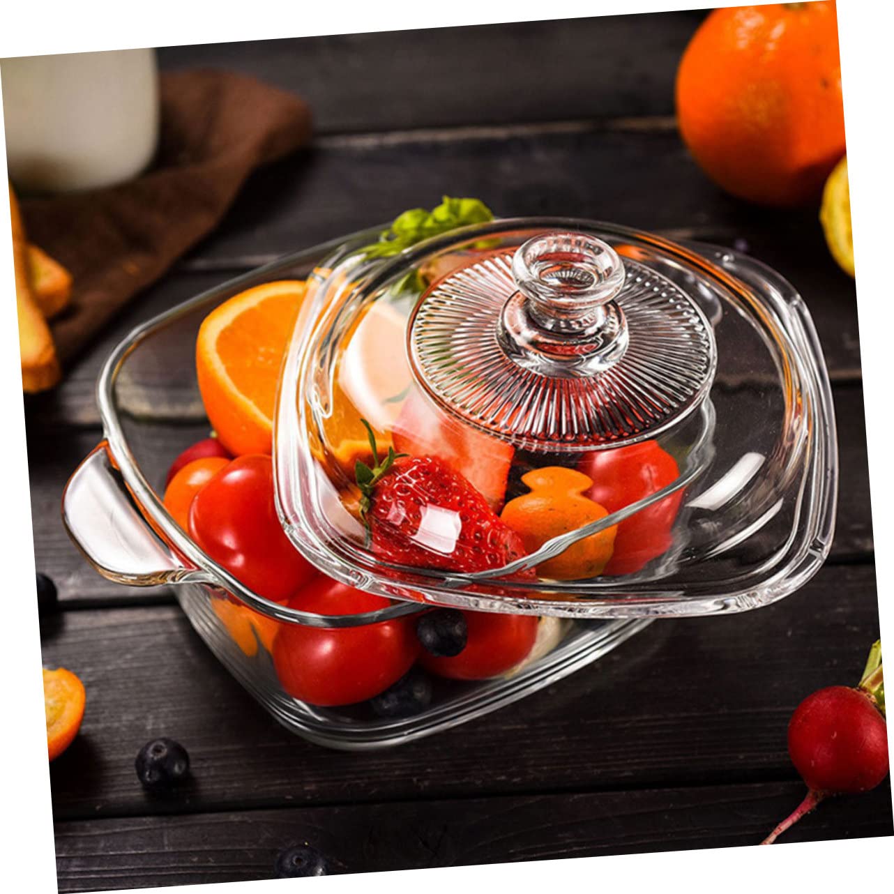 Kühlschrankschüssel aus Hitzebeständigem Glas mit 1l Fassungsvermögen und 2 Griffen Mikrowellengeeignete Auflaufform mit Deckel für Buffet und Snack Riegel