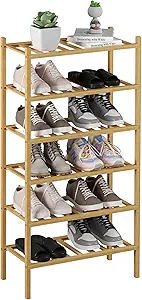 6-Tier Bamboo Small Shoe Rack, Free Standing Wood Shoe Shelf Storage Organizer for Closet Entryway Stackable (Natural)