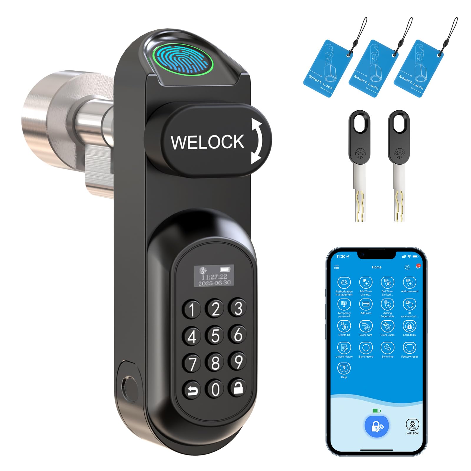 RUILON U81 Serrure connectée à code 30x30 - Cylindre empreinte digitale | Serrure biometrique avec 3 cartes RFID 2 clés, portes 50-95 mm, Facile à installer, Code temporaire, Airbnb Maison Chambre