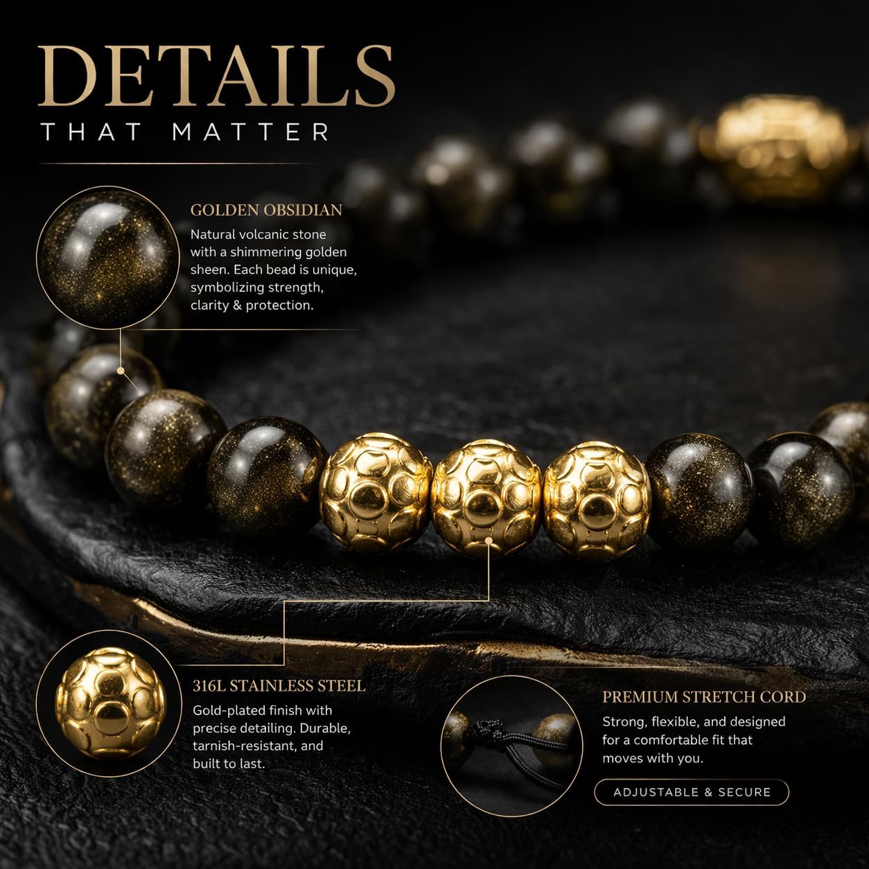 Kartini Studio Golden Obsidian Bracelet, Men's Obsidian and Gold Plated Beads Bracelet, Bead Jewelry for Man