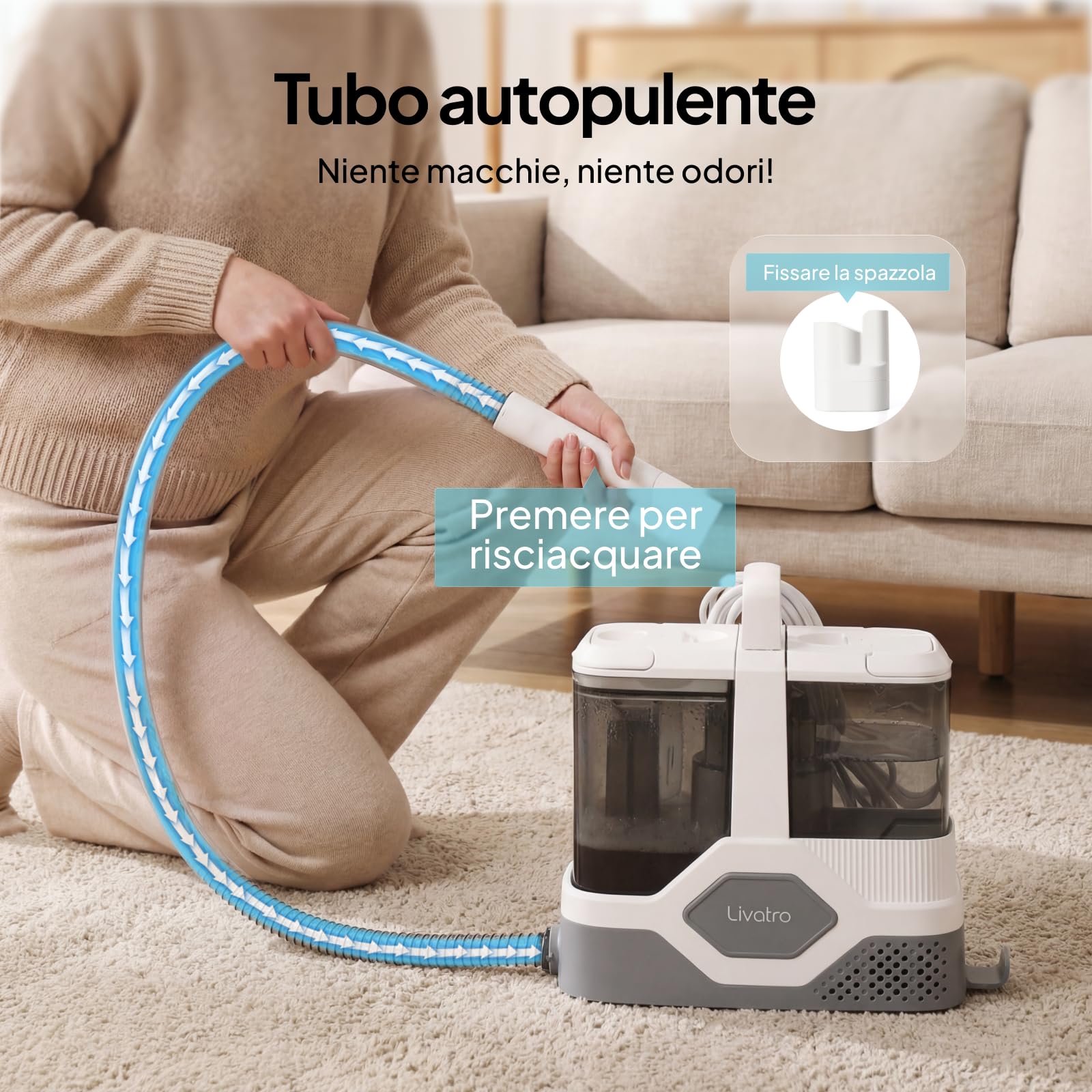 Livatro Lavatappeti e Divani Lava e Asciuga, 600W 16KPa Lavatappeti, Serbatoio da 2,3L, Lava Divano con Sistema di Autopulizia, Aspirapolvere Tessuti per Divano, Tappeti, Moquette, Tappezzeria e Auto