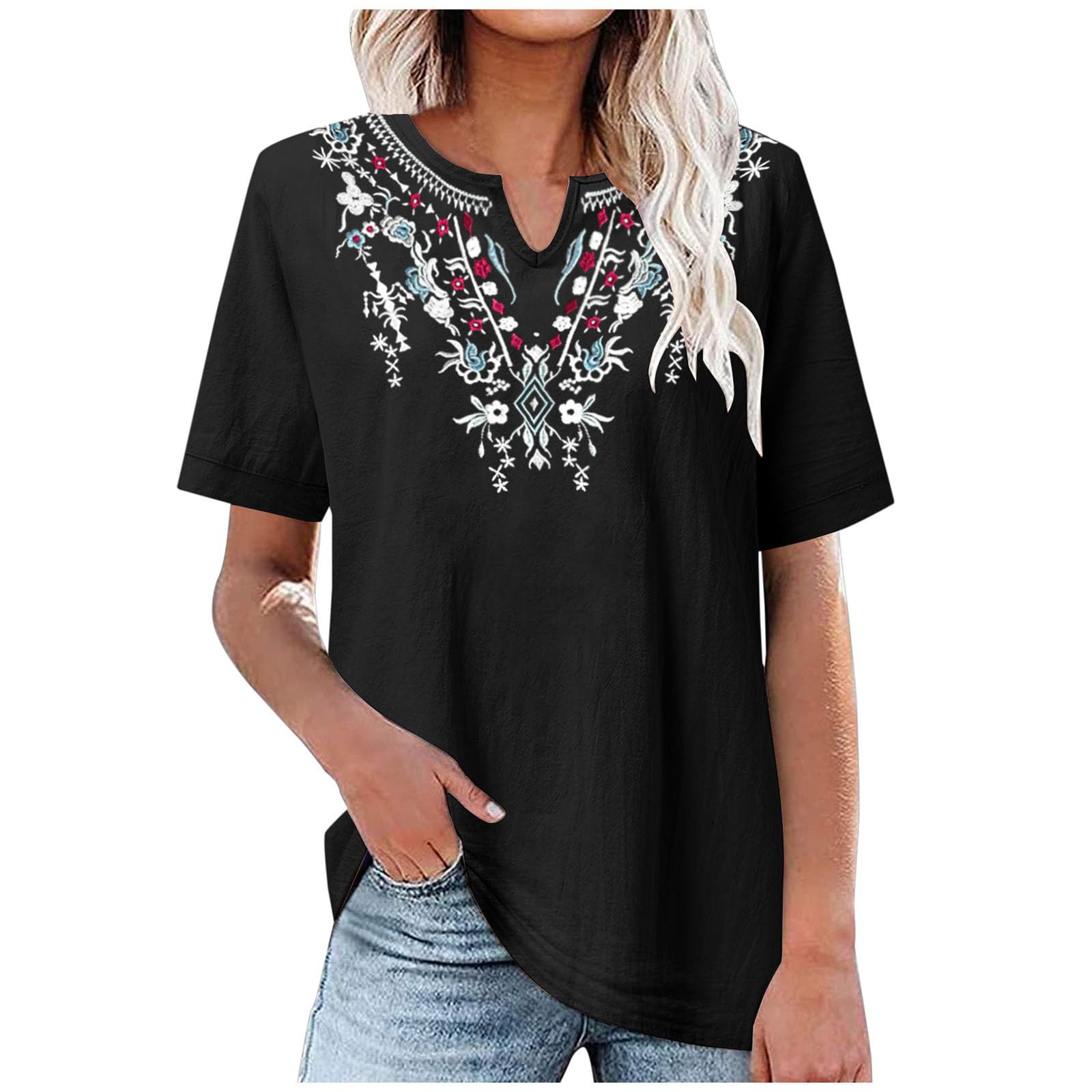 TRIGLICOLEUM Blusa de muselina para mujer, bordado, cuello de pico, blusa de lino, manga corta, elegante, monocolor, camisa de lino, jersey ligero, camiseta básica de algodón y lino, blusas para mujer