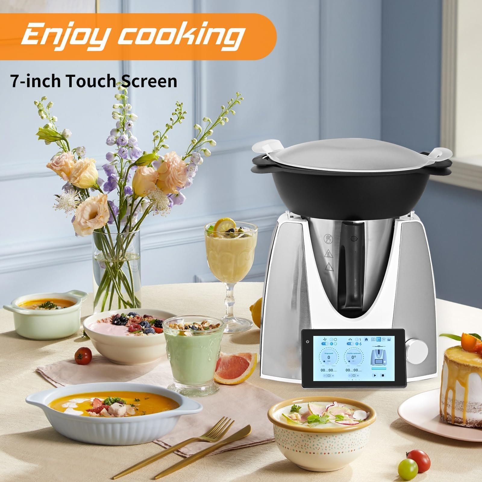 Inteligentny Robot Kuchenny, Wielofunkcyjny Thermomixer z 2-litrową Misą Mieszającą, 3-litrowym Parowarem i 7-calowym Ekranem Dotykowym do Użytku Domowego