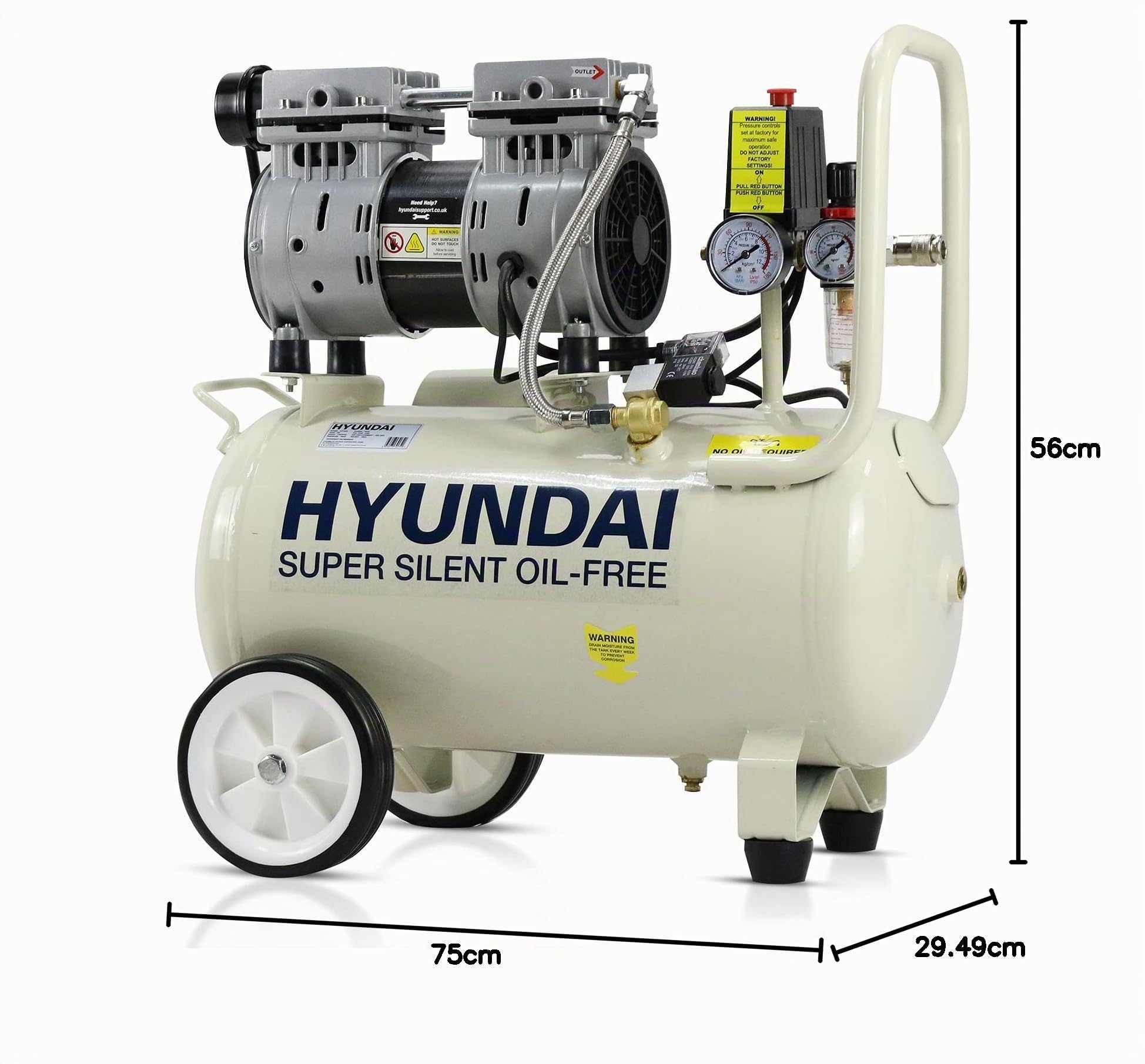 Hyundai Compresor de aire de 24 litros, 5,2 cfm/100 psi, silencioso, sin aceite, 750 W/230 V, 150 litros por minuto, 2 años de garantía