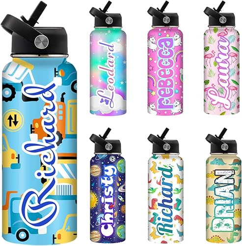 Botellas de agua personalizadas para mujeres, hombres, niñas y niños con nombres de pajita, botella de agua personalizada, regalos para mamá, papá,
