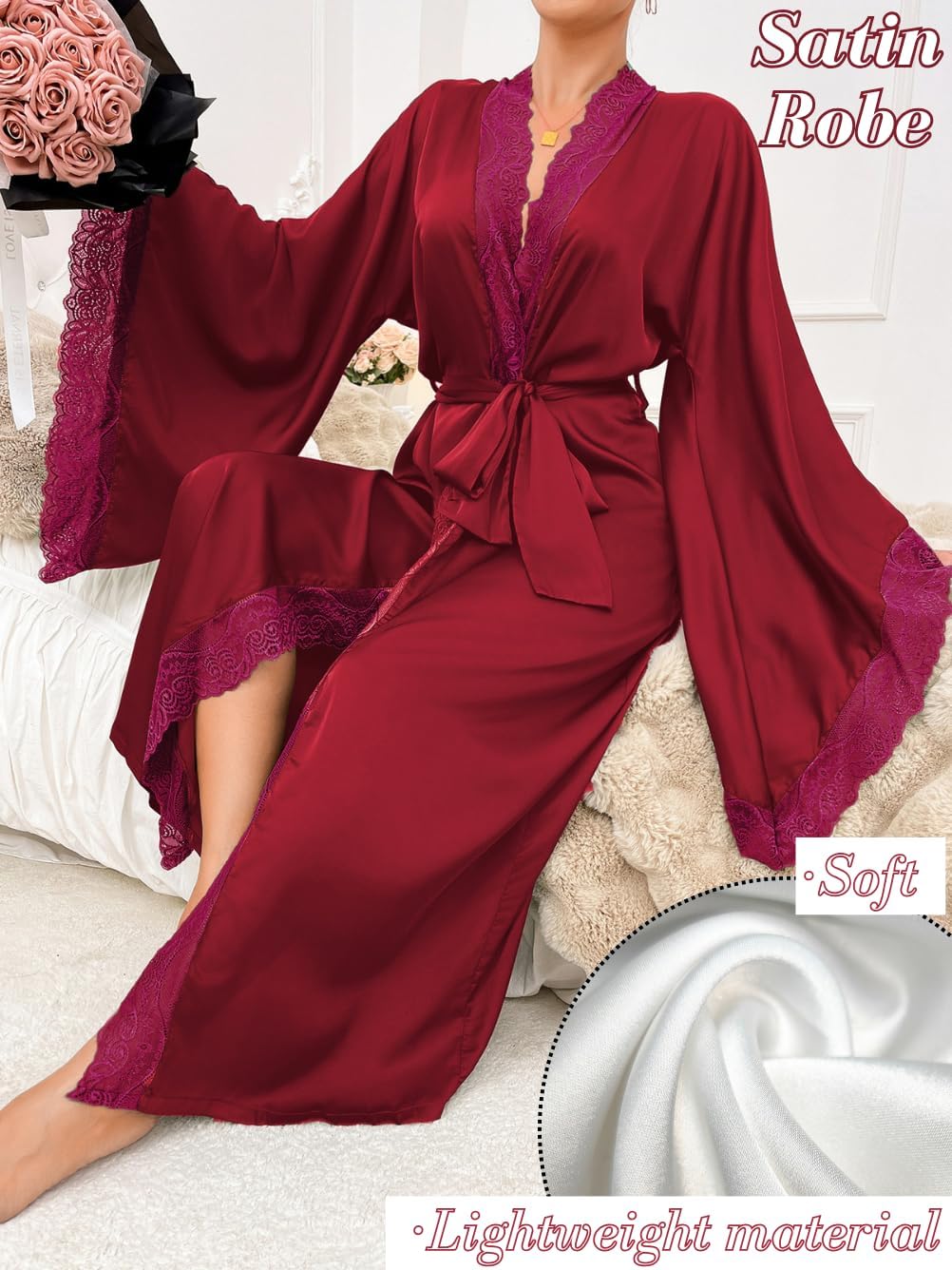 Silk Long Robe For Women, Satin Lace-Trim, Bride Wedding-Night, Bridal Bridesmaid Kimono Robes Lightweight - Image 2