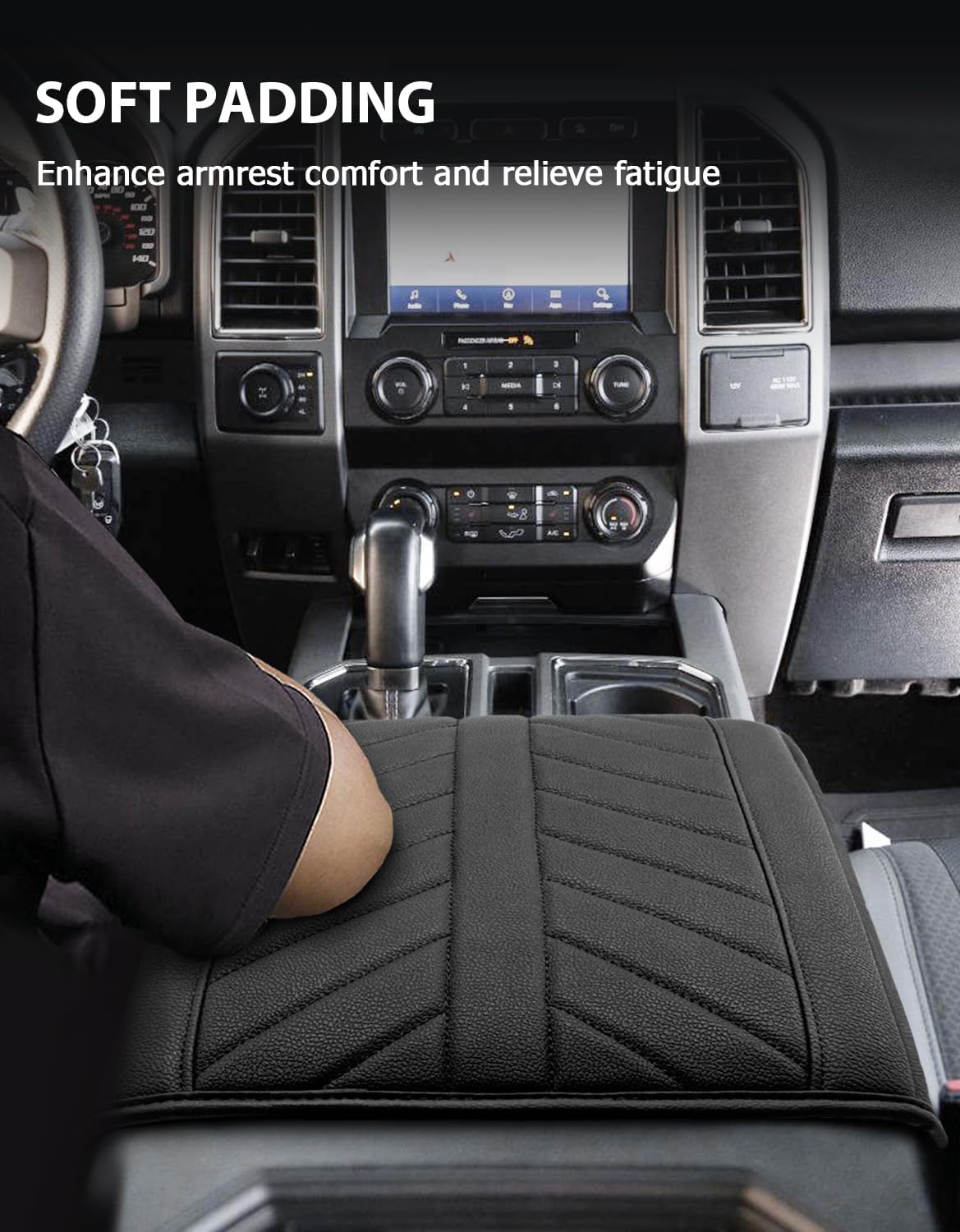 Center Console Cover for 2015-2020 F150 Accessories, F250 F350 F450 F550 2017-2022, Expedition 2018-2024, PU Leather Armrest Cusion Cover with Storage Bag, Bucket Seat Only, Black