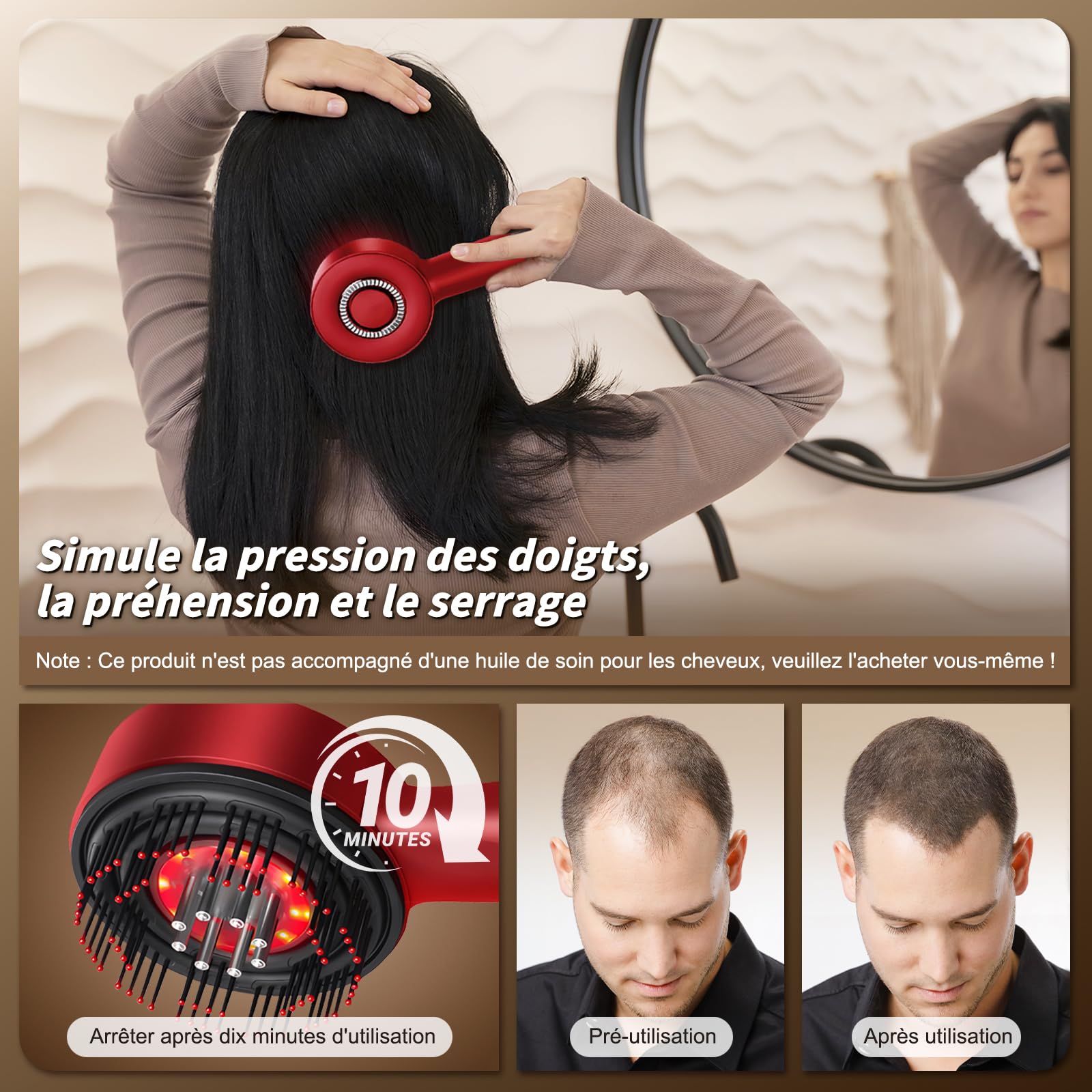 Brosse Massage Cuir Chevelu,Masseur Tete Cheveux,Masseur électrique du cuir chevelu,peigne électrique portable de massage du cuir chevelu et des cheveux,Pour les hommes et les femmes,Rouge