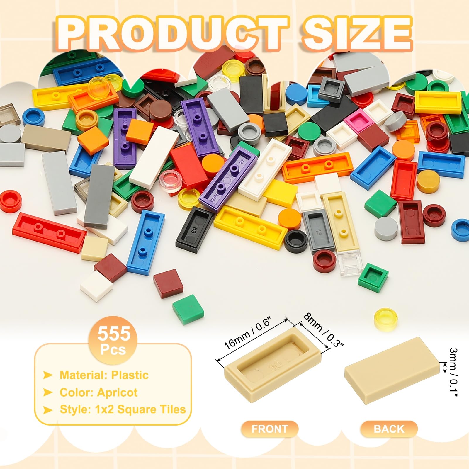 PATIKIL 555 Pezzi blocco Piatti All'Ingrosso, 1x2 Mattoncini Quadrati Albicocca Classici Superficie Liscia Mini Accessori Da Costruzione Mattoni Compatibili Kit