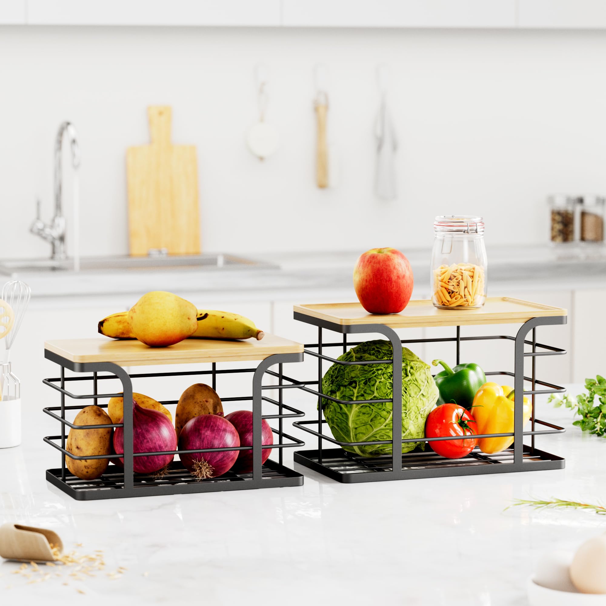 Paquete de 2 organizadores apilables de almacenamiento para cocina, lavandería, despensa, soporte para bolsas de basura con parte superior de bambú, dispensador de bolsas de basura de