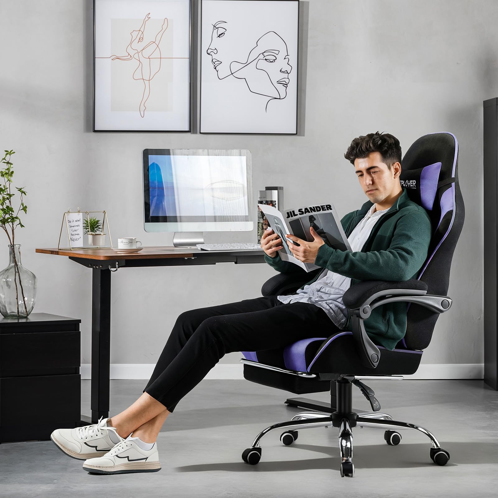 GTPLAYER Silla para Videojuegos, Silla de Oficina, Silla ergonómica para PC, sillón de Gaming con Soporte Lumbar de Masaje, sillas de tareas con reposapiés y reposacabezas, Tela Morada