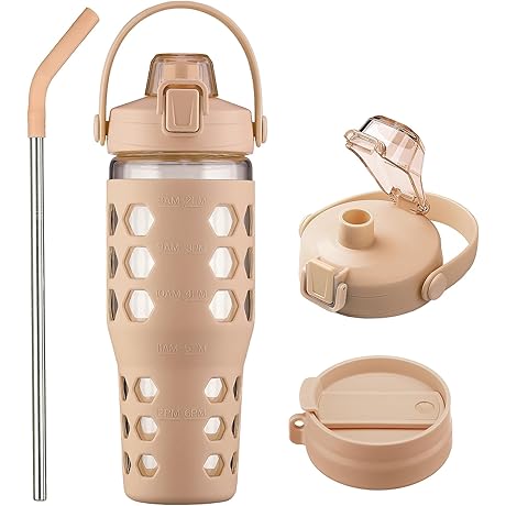 MUKOKO 32oz Glass Water Bottle with Time Marker for Hydration Tracking