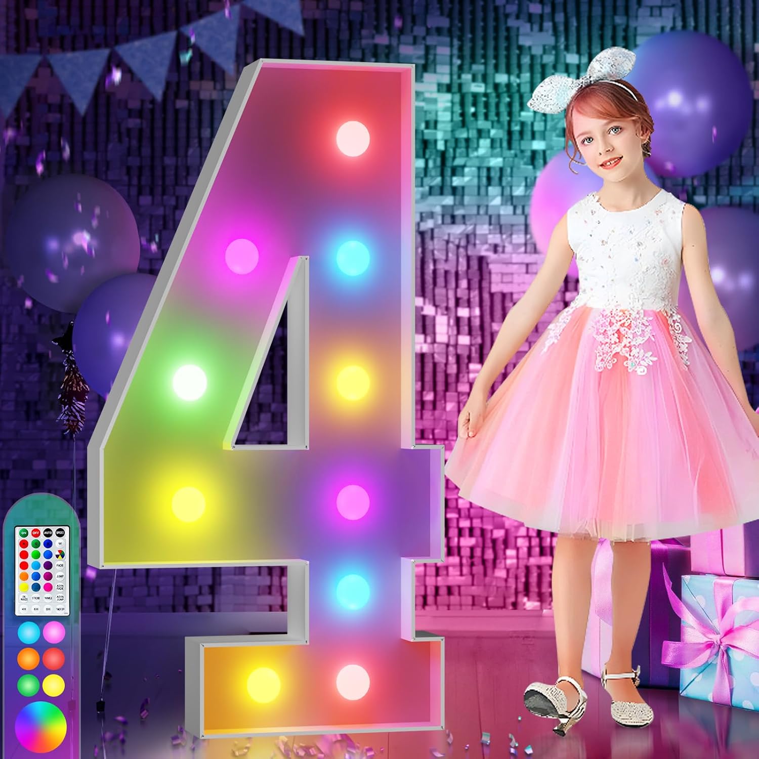 imprsv 4FT Colorful Marquee Numbers,18 Colors Number 4 with Remote, Light Up Numbers Sign for 4th 40th Birthday Decorations Anniversary Party Decor, Pre-Cut Foam Board Kit, Mosaic Numbers for Balloon Number 4 4 Feet