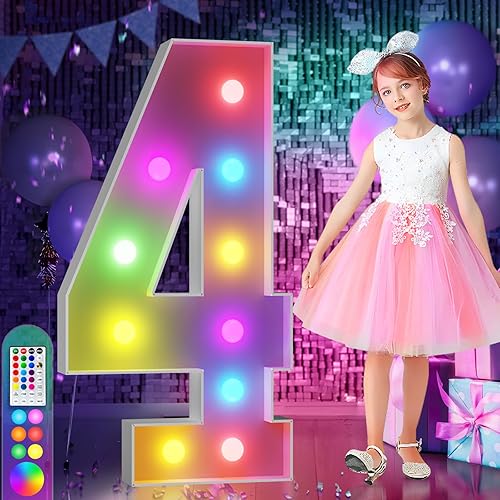 imprsv Números iluminados de marquesina colorida de 4 pies, 18 colores número 4 con control remoto, letrero de números iluminados para decoración de