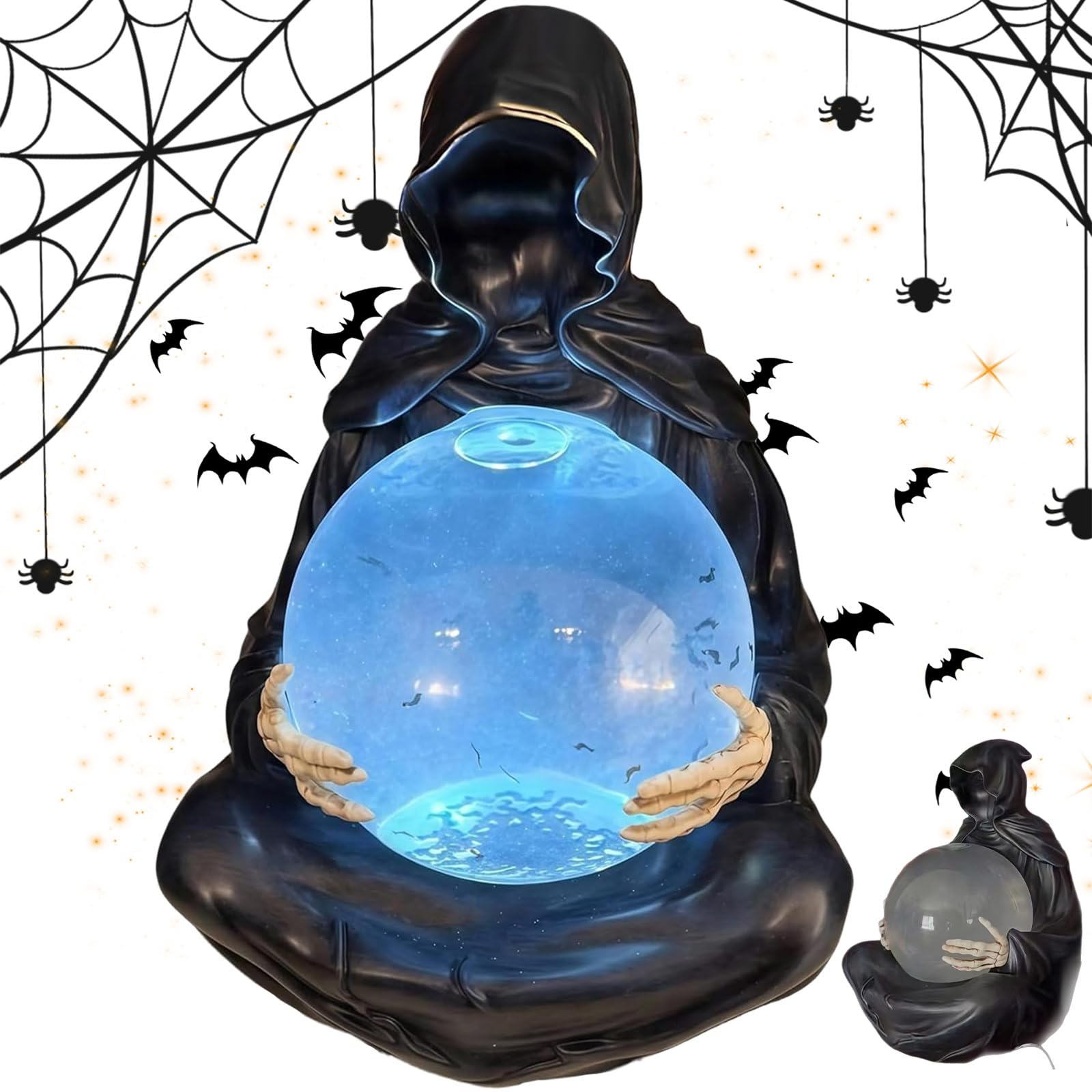 UOAESR LED Grim Reaper Crystal Ball - Halloween Floating Bat Globe with Lighting, The Death God's Crystal Balls, Crystals Glowing Balls with Floating Bats, Halloween Home Decorations